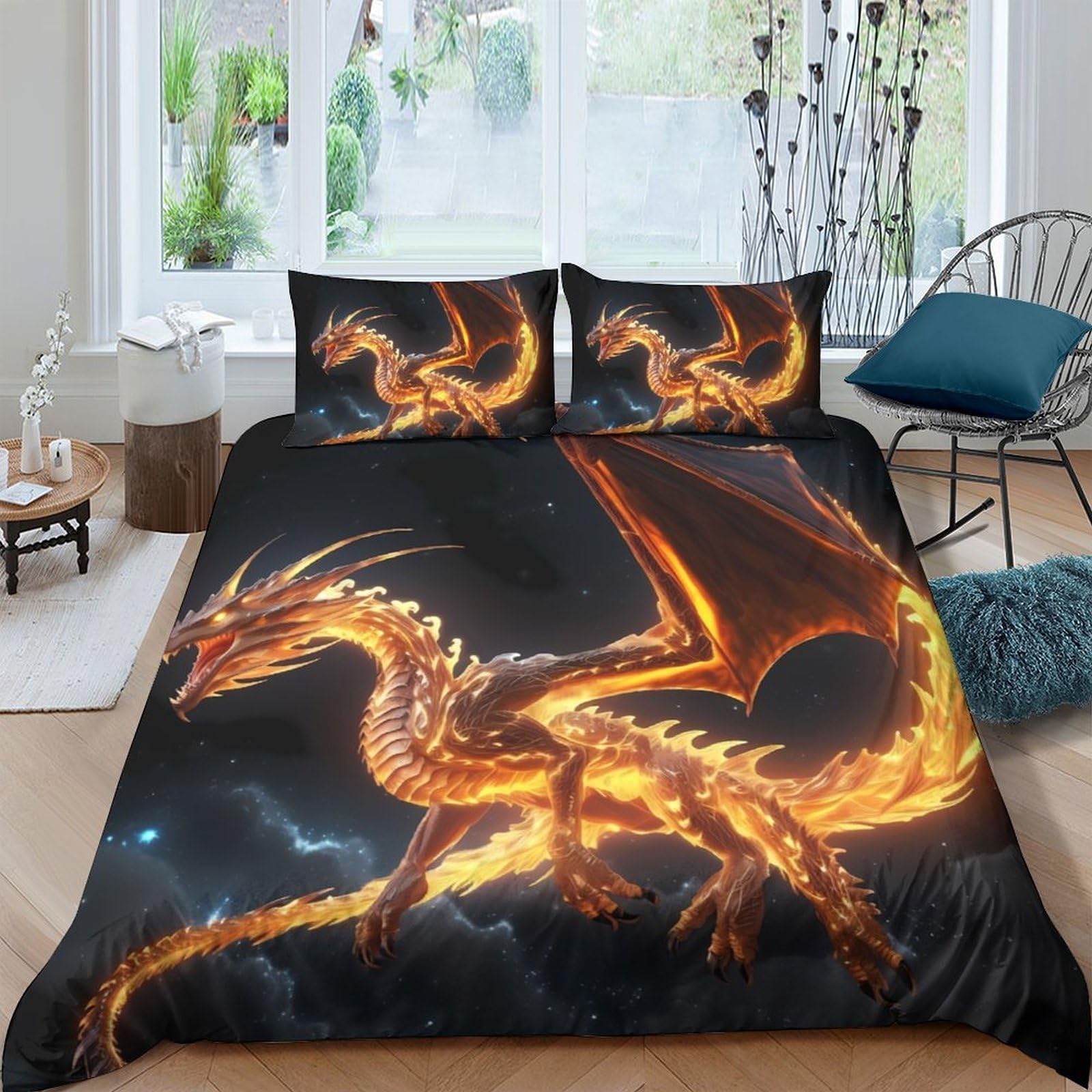 Ctjqhvkz Style-3 3D Printed Fire Dragon Fitted Sheet Microfiber Soft Black Gold Flame Mattress Cover For Bedroom Dorm Home Decor Single（135X200cm）
