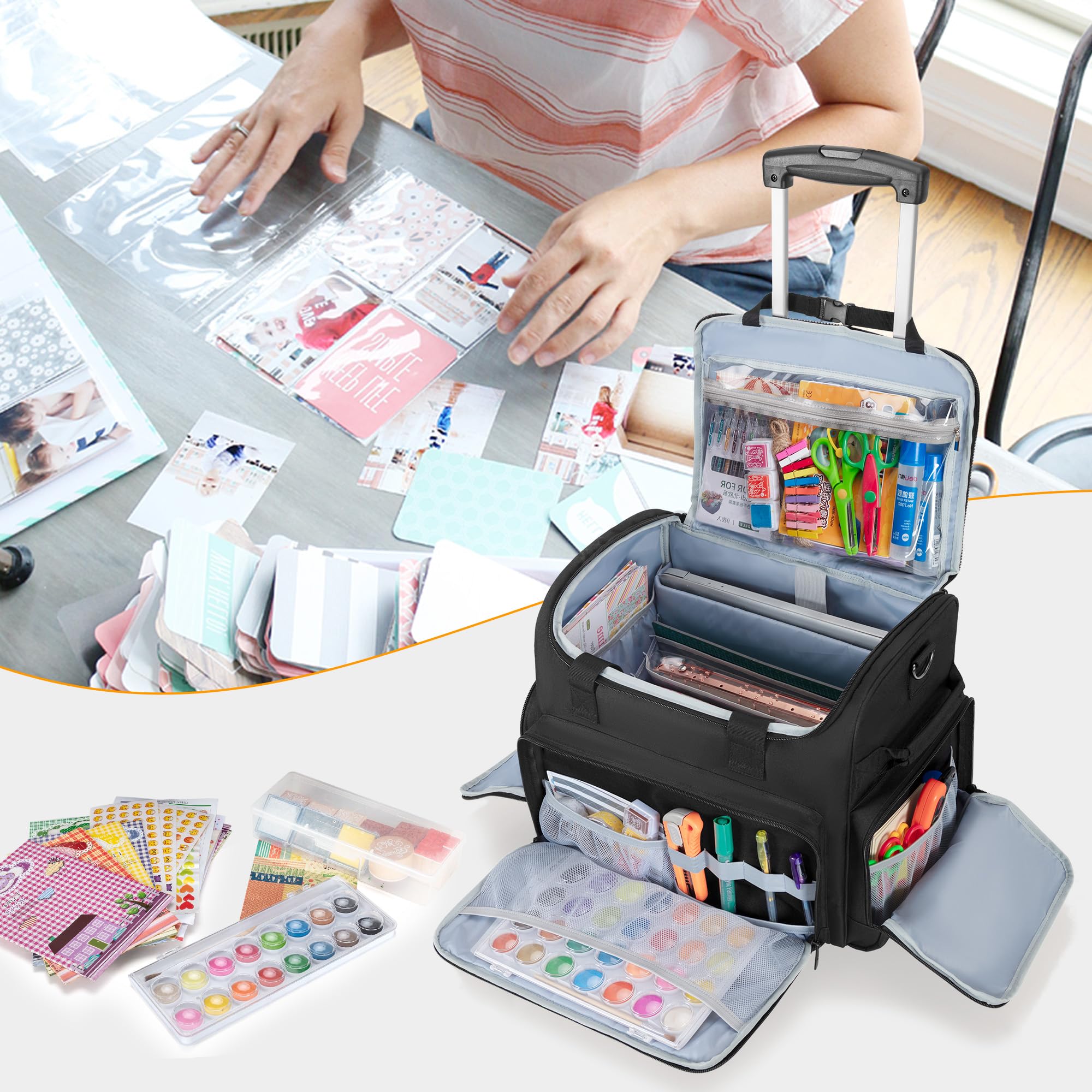 CURMIO Scrapbook Tasche mit Rädern, Rolling Scrapbook Tote mit Erweiterbarer Aktenordner Fach, Handarbeitstasche für Scrapbooking, Papier, Kleber, Klebeband, Schwarz (Nur Tasche)