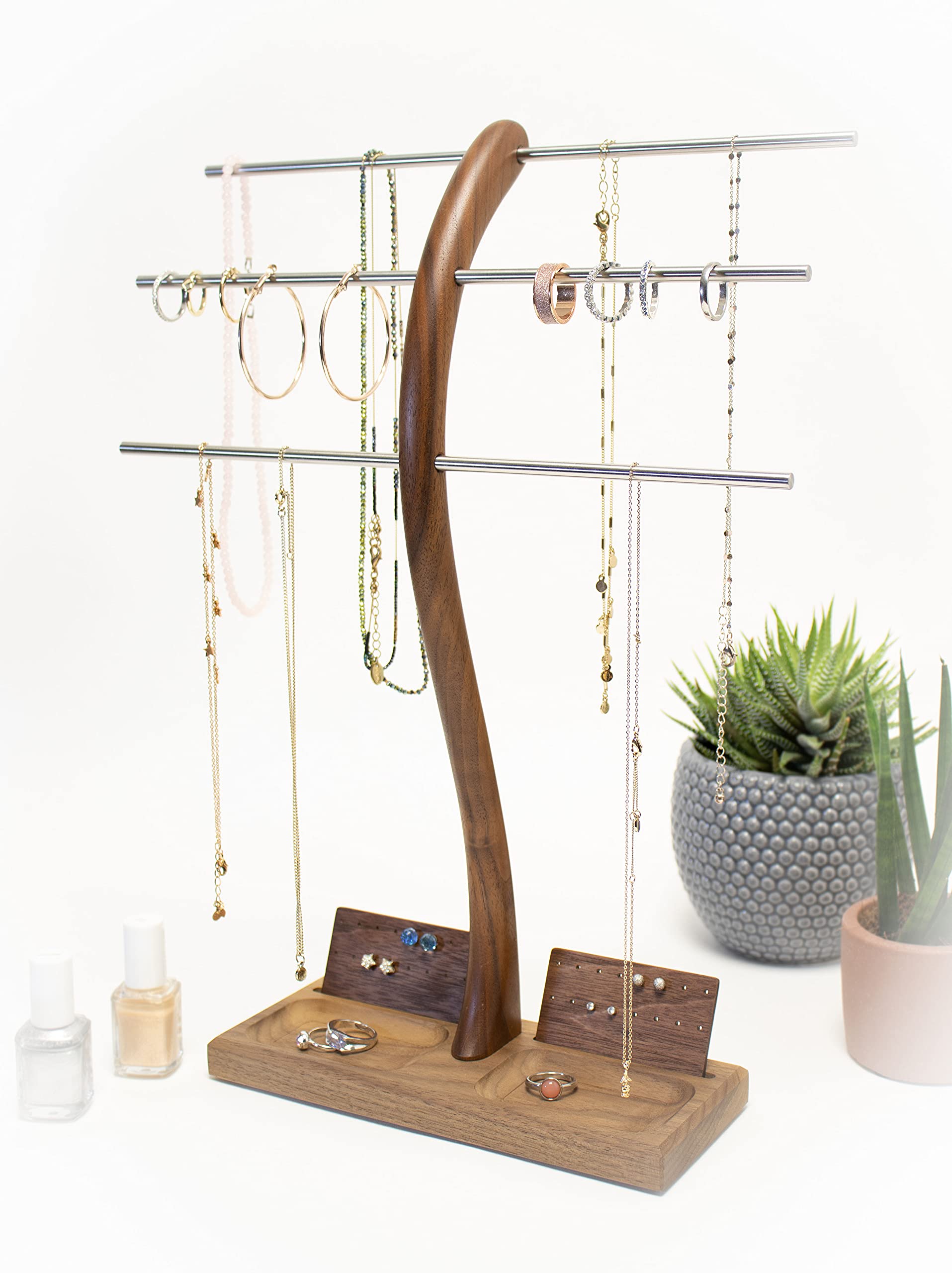Wood-and-Steel-Design Schmuckhalter aus Nussbaumholz, 3 Ebenen