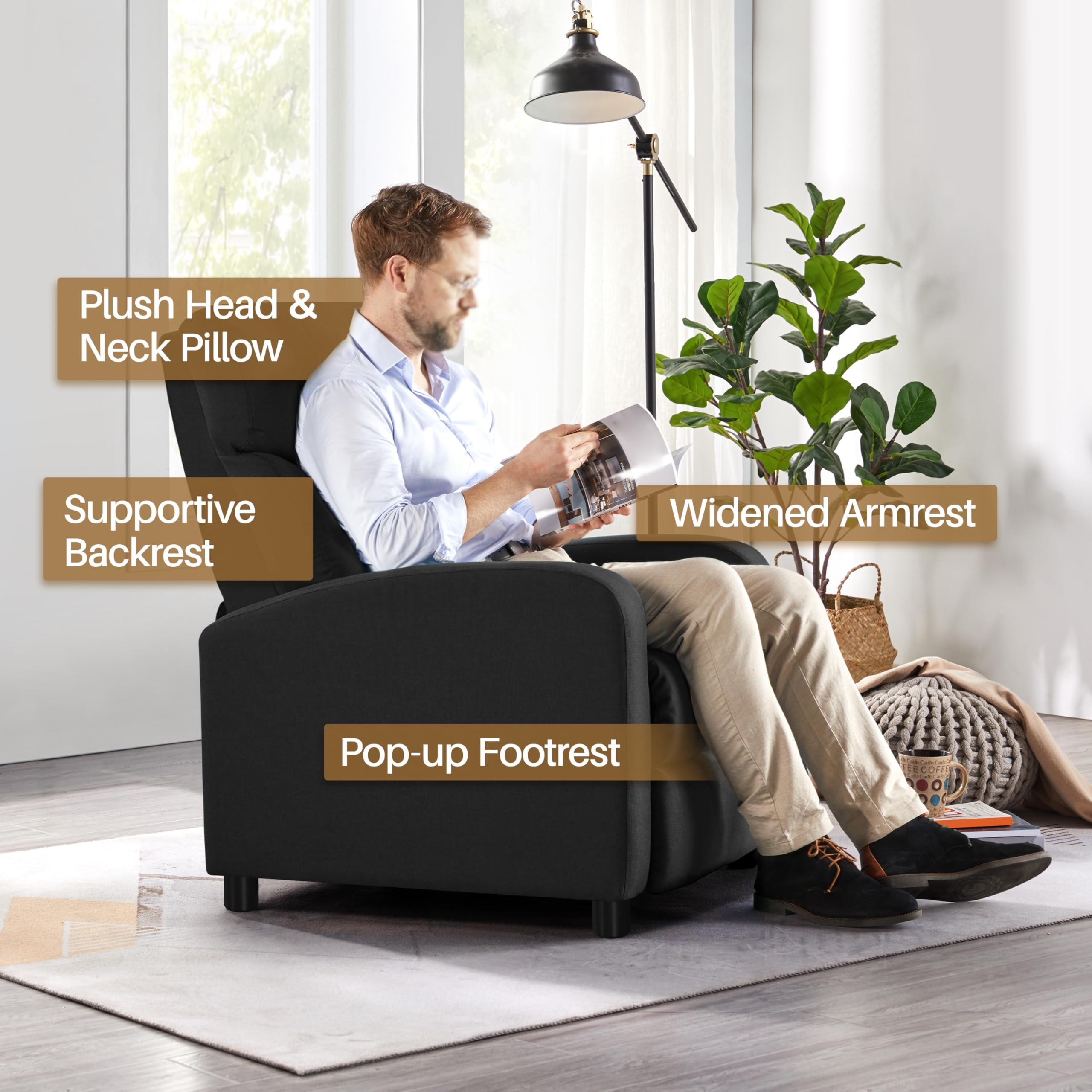 Poltrona Reclinabile Manuale Poltrona Lounge Imbottita Poltrocina con Poggiapiedi Poltrona Alzapersona Relax da Divano Soggiorno Camera da Letto Tela/Nero