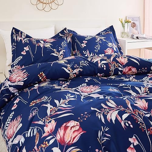 Miniatura 6 de JSD Juego de funda de edredón floral azul marino, 3 piezas, funda de edredón de microfibra suave estampada con cierre de cremallera y lazos en las