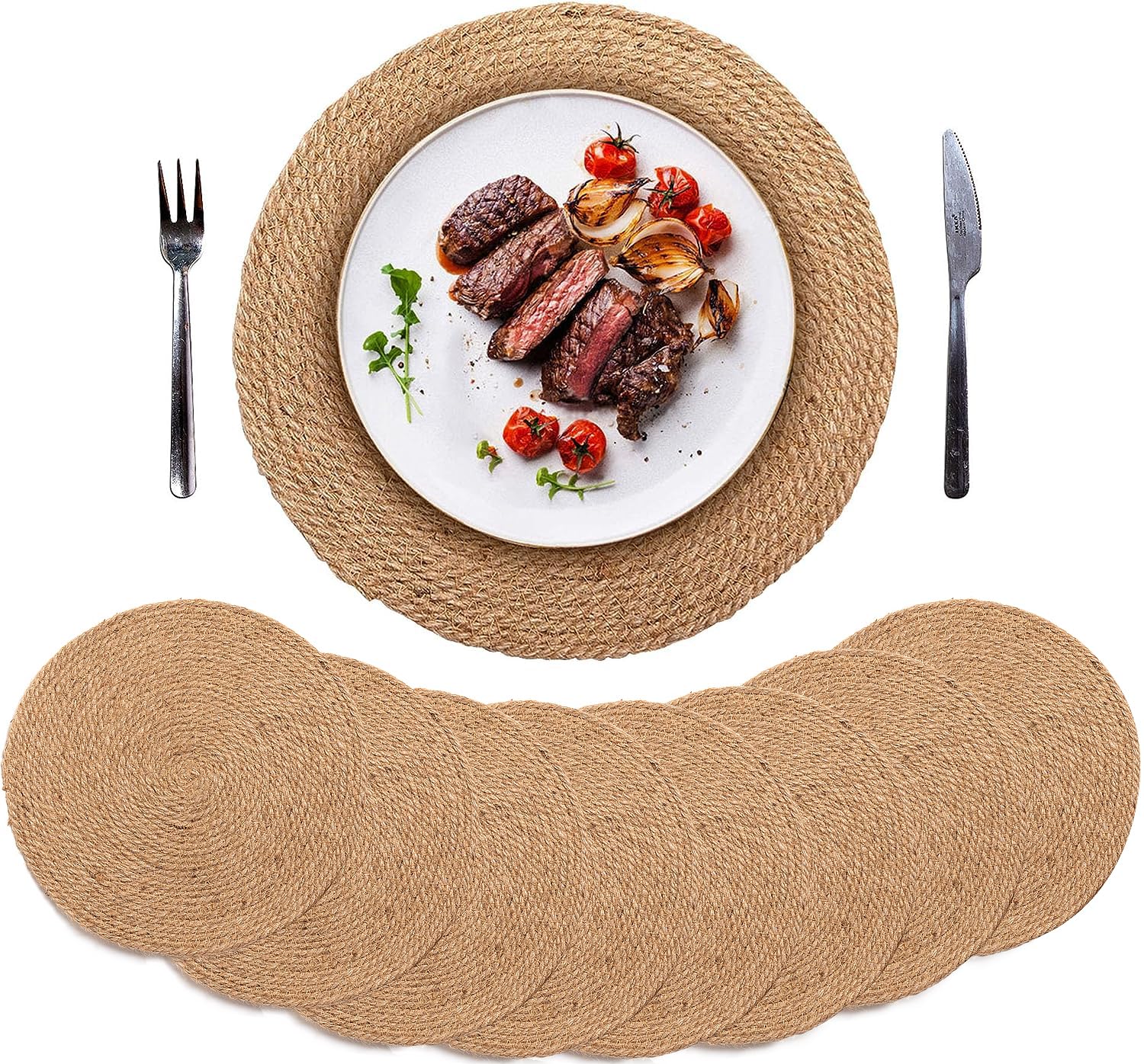 Defined Deco Round Jute Placemats Set of 8,12" Handmade Round Placemats,Woven Braided Placemats,Natural Farmhouse Place Mats,Jute Thick Hot Pads,Rustic Table Mats for Dining Table Decor,Home,Wedding.