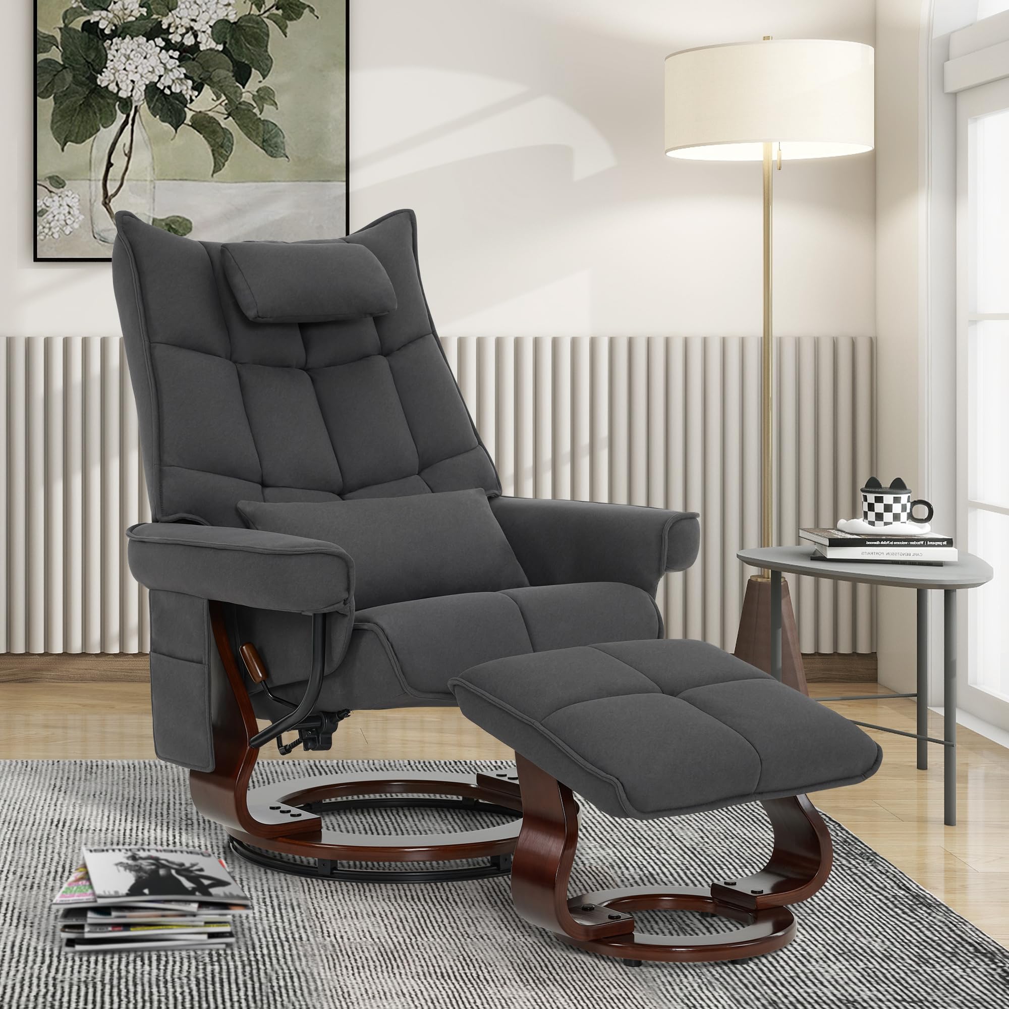 M MCombo Poltrona relax con sgabello, sedia per TV girevole con funzione reclinabile, moderna per soggiorno, con cuscino e tasca laterale, 9076 (grigio scuro)