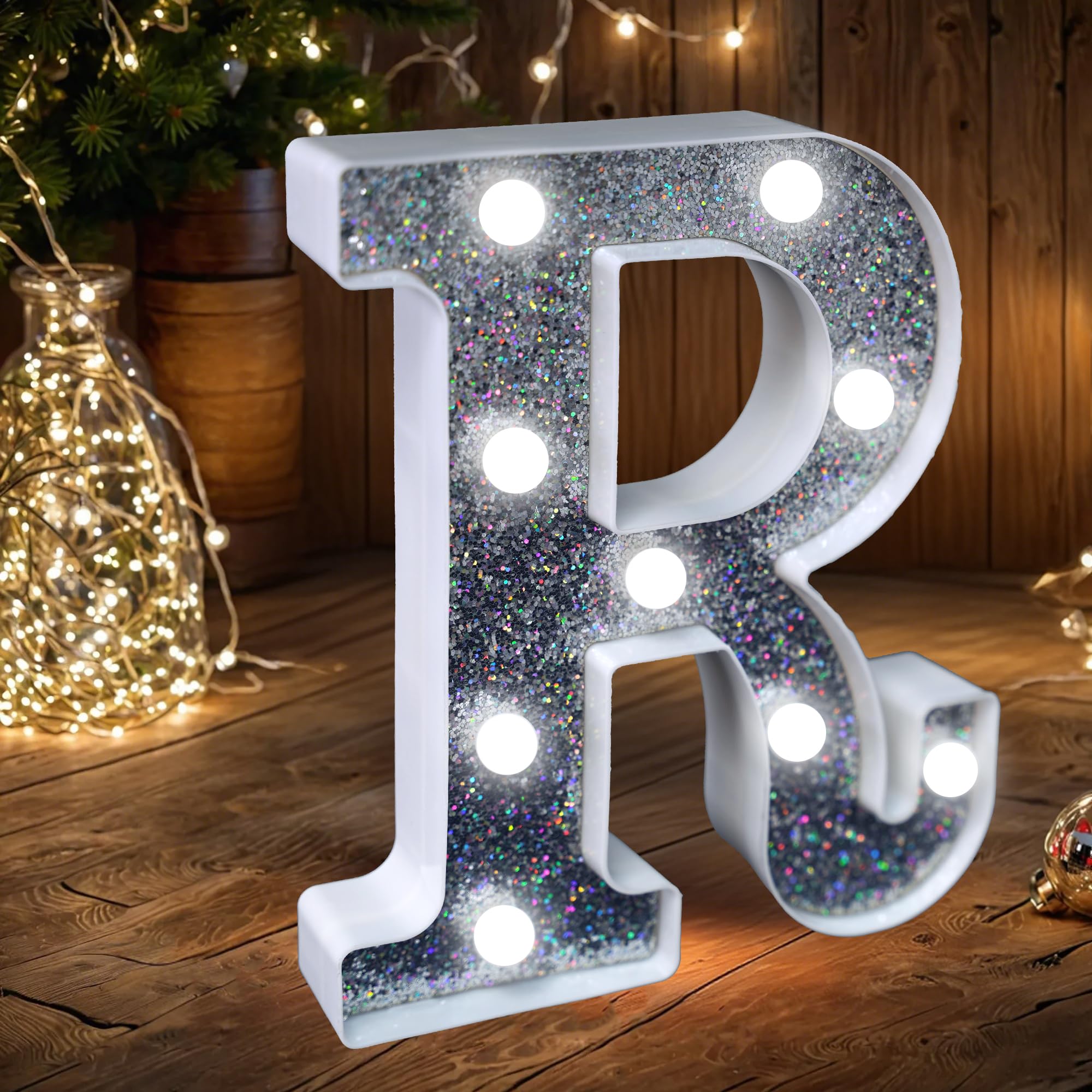 LED Marquee Letter Lights, Light Up Silver Glitter Letters Sign Battery Powered Night Light for Birthday Party Wedding Home Decoration Baby Shower-R — image 1