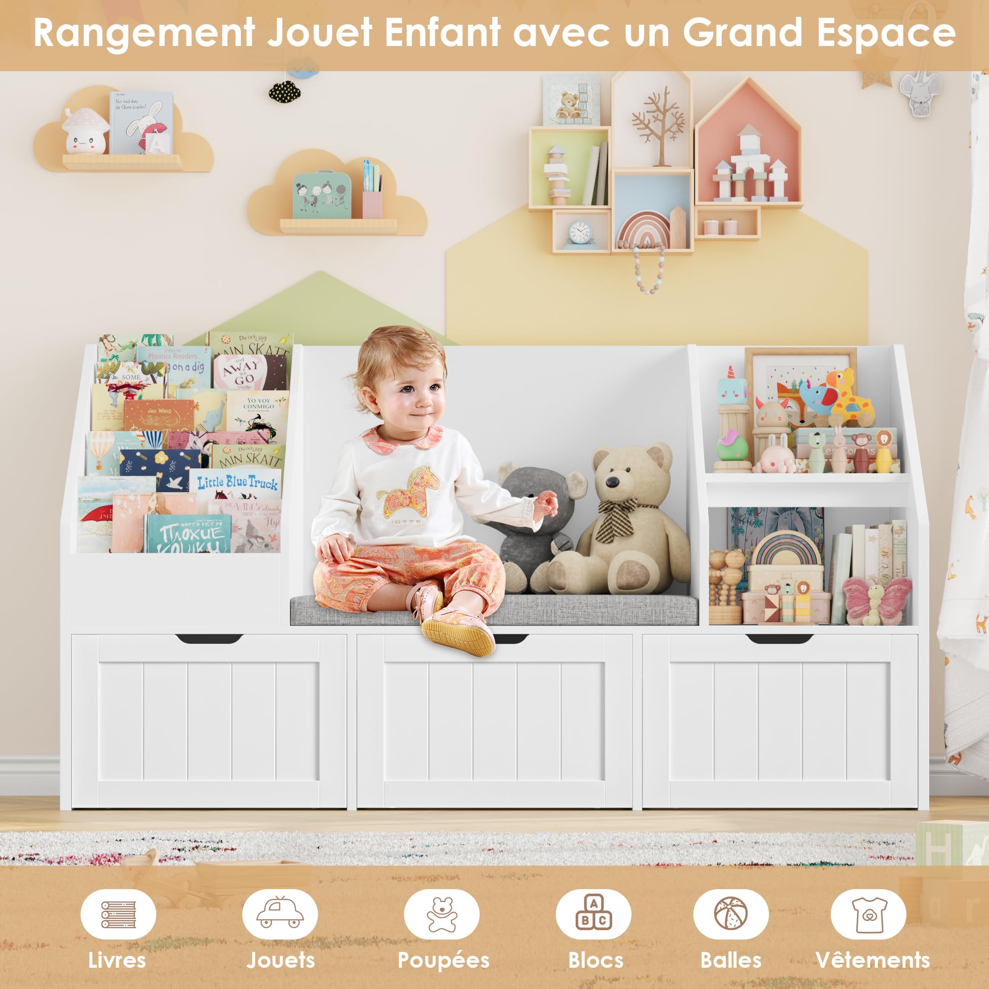 FOREHILL Meuble Rangement Enfant Bibliothèque Enfant avec Banc 9 Étagères 3 Tiroirs Roulants Coussin Amovible Rangement Jouet pour Chambre d’Enfants Salle de Jeu 140x39.5x80cm Blanc