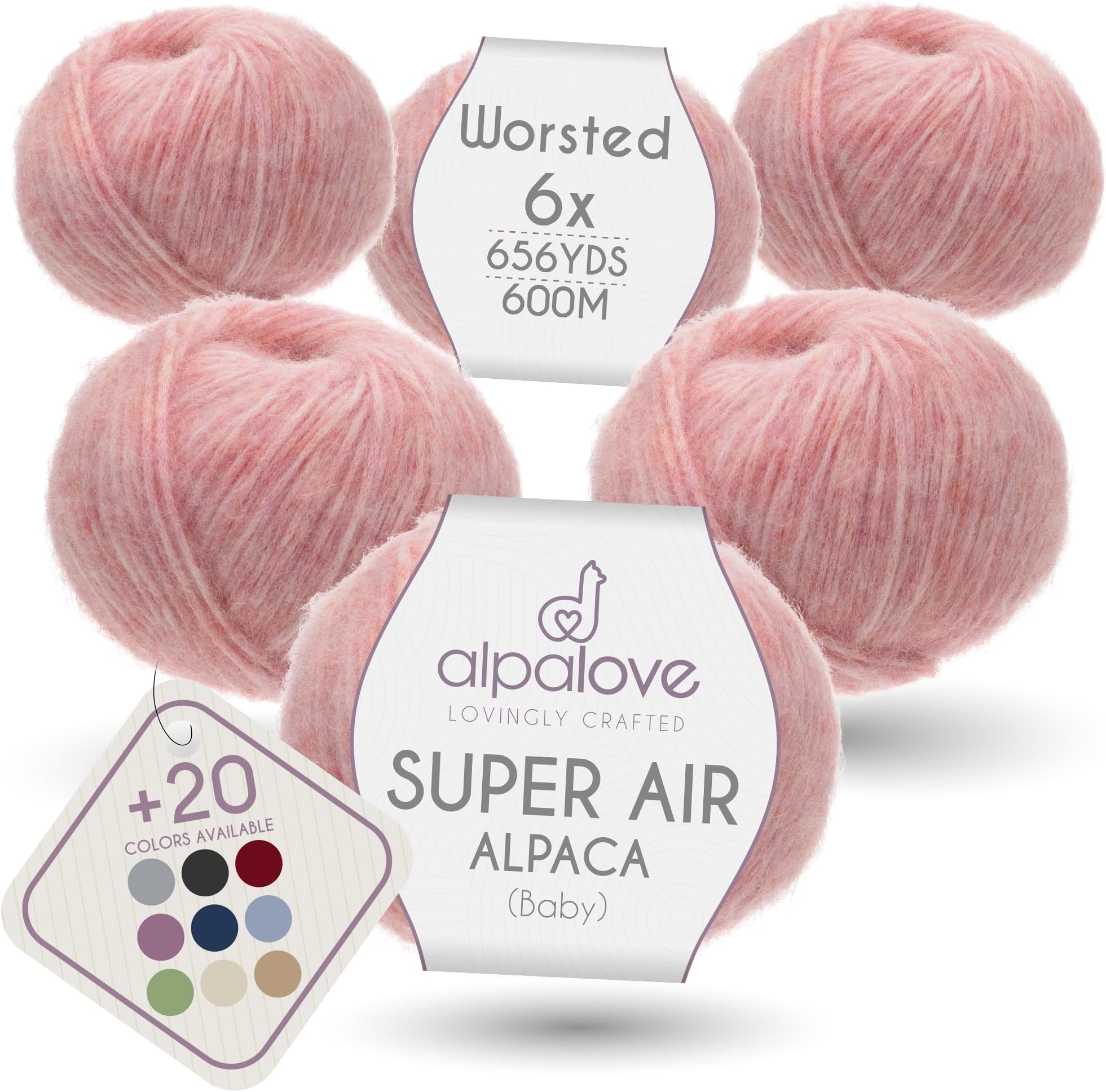 Super Air Worsted 6-Set Baby Alpaca - Soft and Fast Hand Knitting Yarn 5.29 oz/ 656 Yards - HF161 Baby Rose Melange