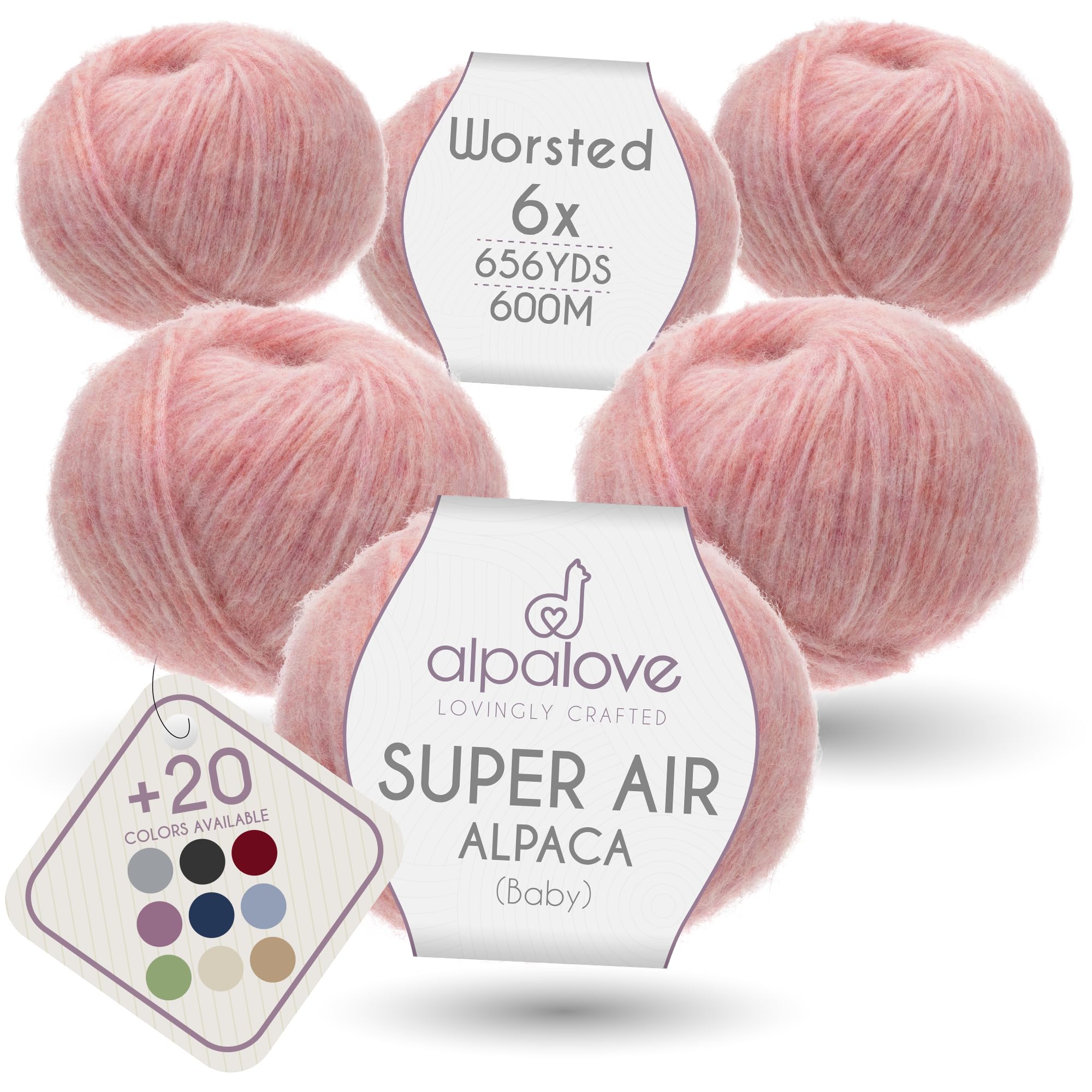Super Air Worsted 6-Set Baby Alpaca - Soft and Fast Hand Knitting Yarn 5.29 oz/ 656 Yards - HF161 Baby Rose Melange