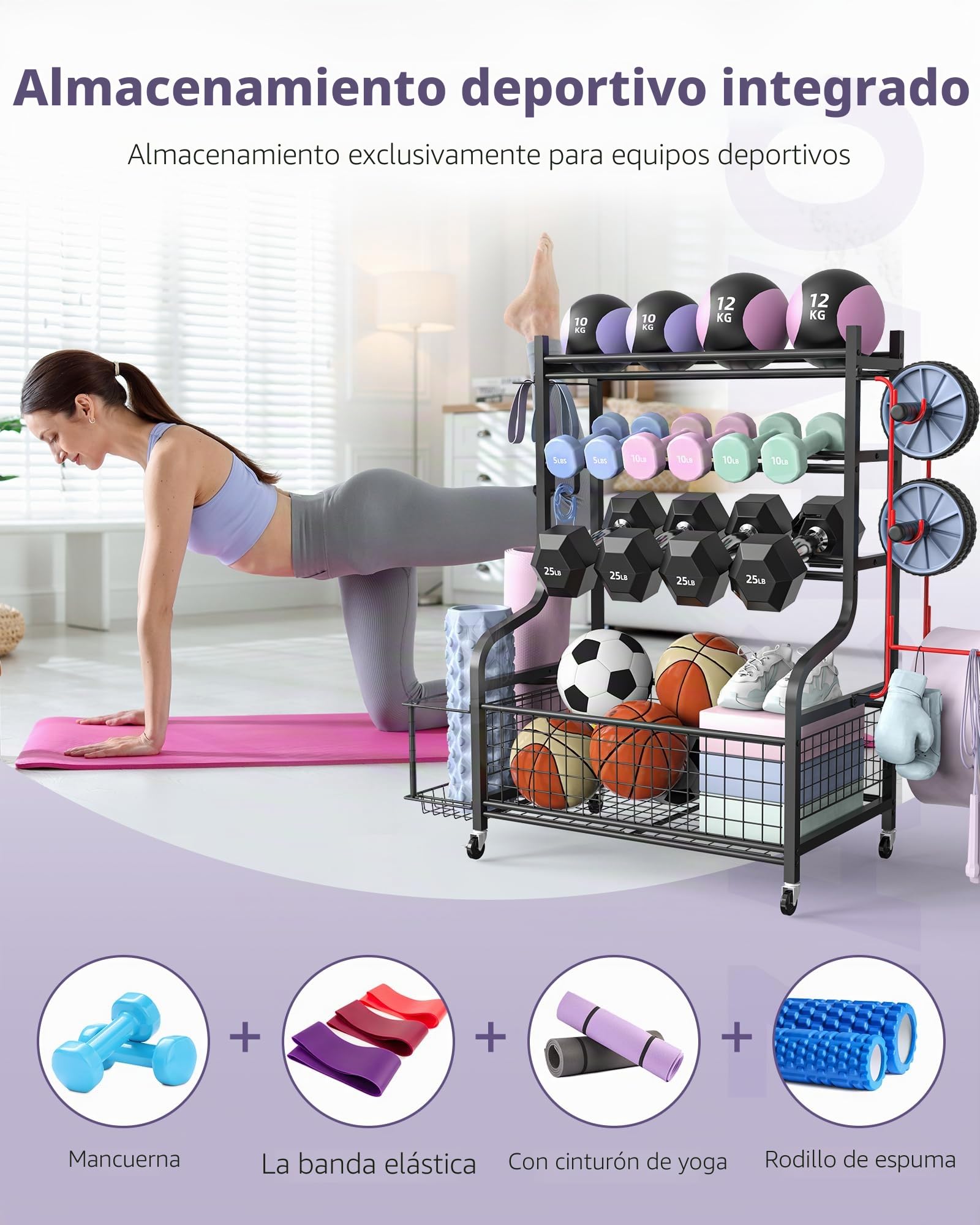 Yoga Matte Hantelablage - Dumbbells Regal für Home Gym mit 4 Räder und 8 Haken - Yogamatte Lagerregal für Kettlebells und Yoga Block, Gurt, Rolle - 100-160KG Tragfähigkeit