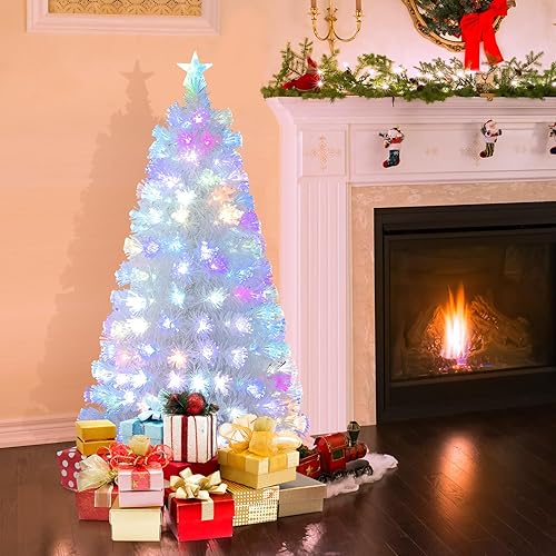 Miniatura 10 de HAPPYGRILL Árbol de Navidad preiluminado de 6 pies, árbol de Navidad artificial con 230 puntas de rama, 30 luces de estrella blancas cálidas, fibra