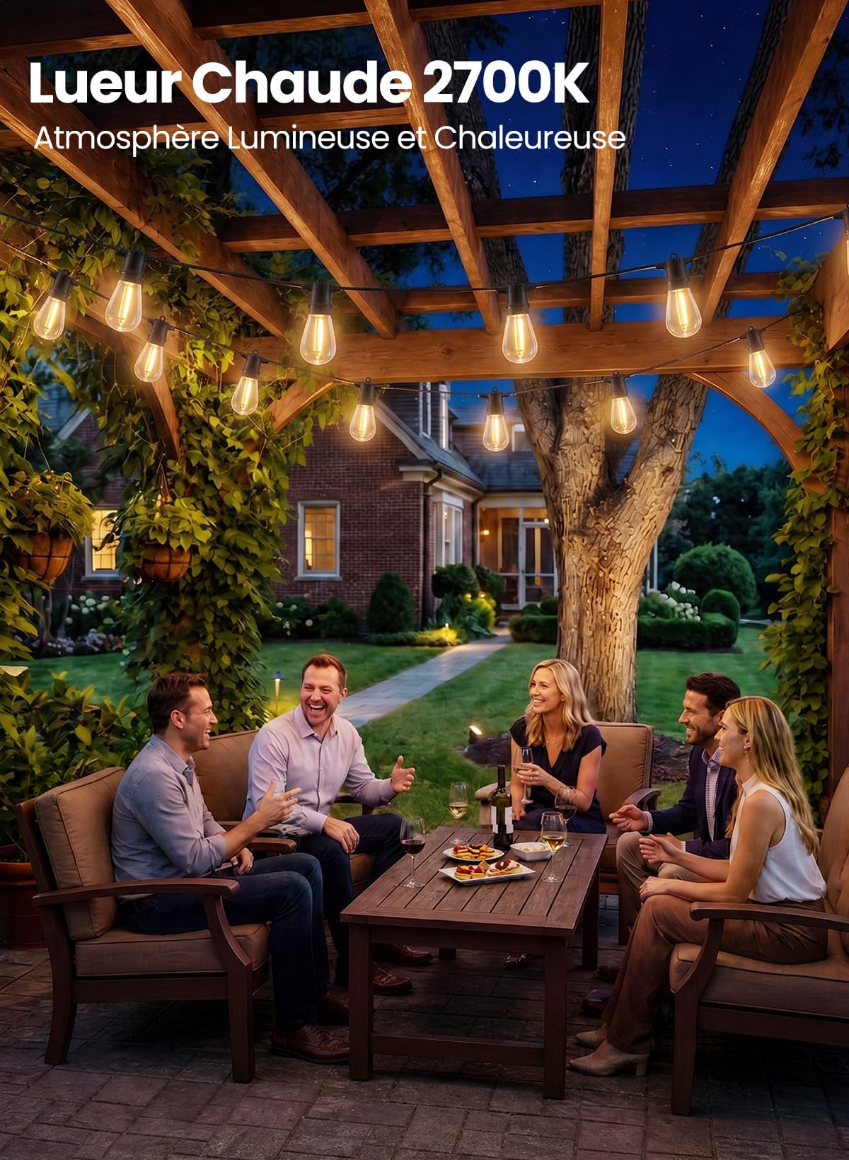 Bomcosy 15M Guirlande Lumineuse Extérieure S14, Incassable & Raccordable IP65, Blanc Chaud 2700K, pour Terrasse Jardin Guinguette