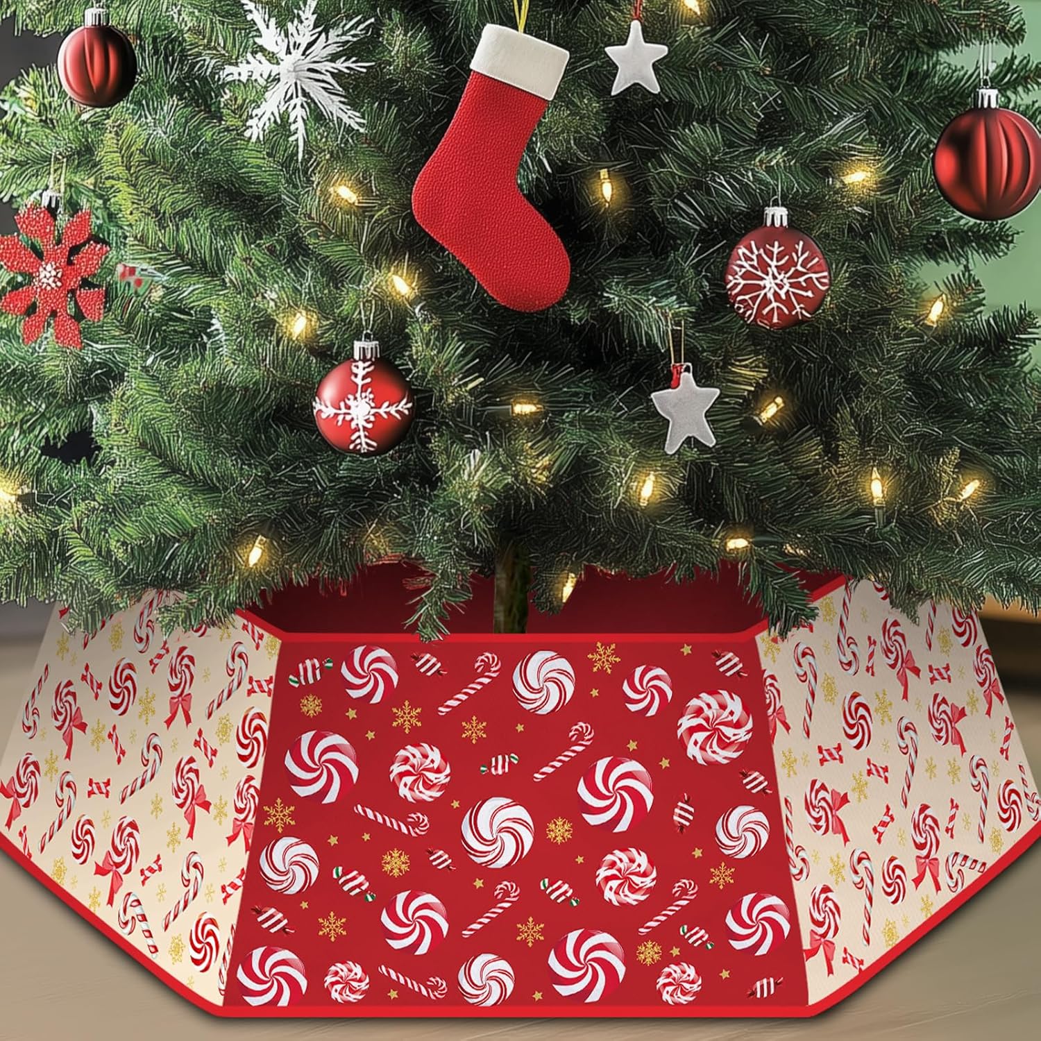 Candy Cane Christmas Tree Skirt, Red Candy Cane Christmas Tree Collar for Artificial Trees Decorations Decor, Hexagonal Trees Skirts for Holiday Party Xmas Decoration Candy Cane Christmas Tree Skirt, Red Candy Cane Christmas Tree Collar for Artificial Trees Decorations Decor, Hexagonal Trees Skirts for Holiday Party Xmas Decoration