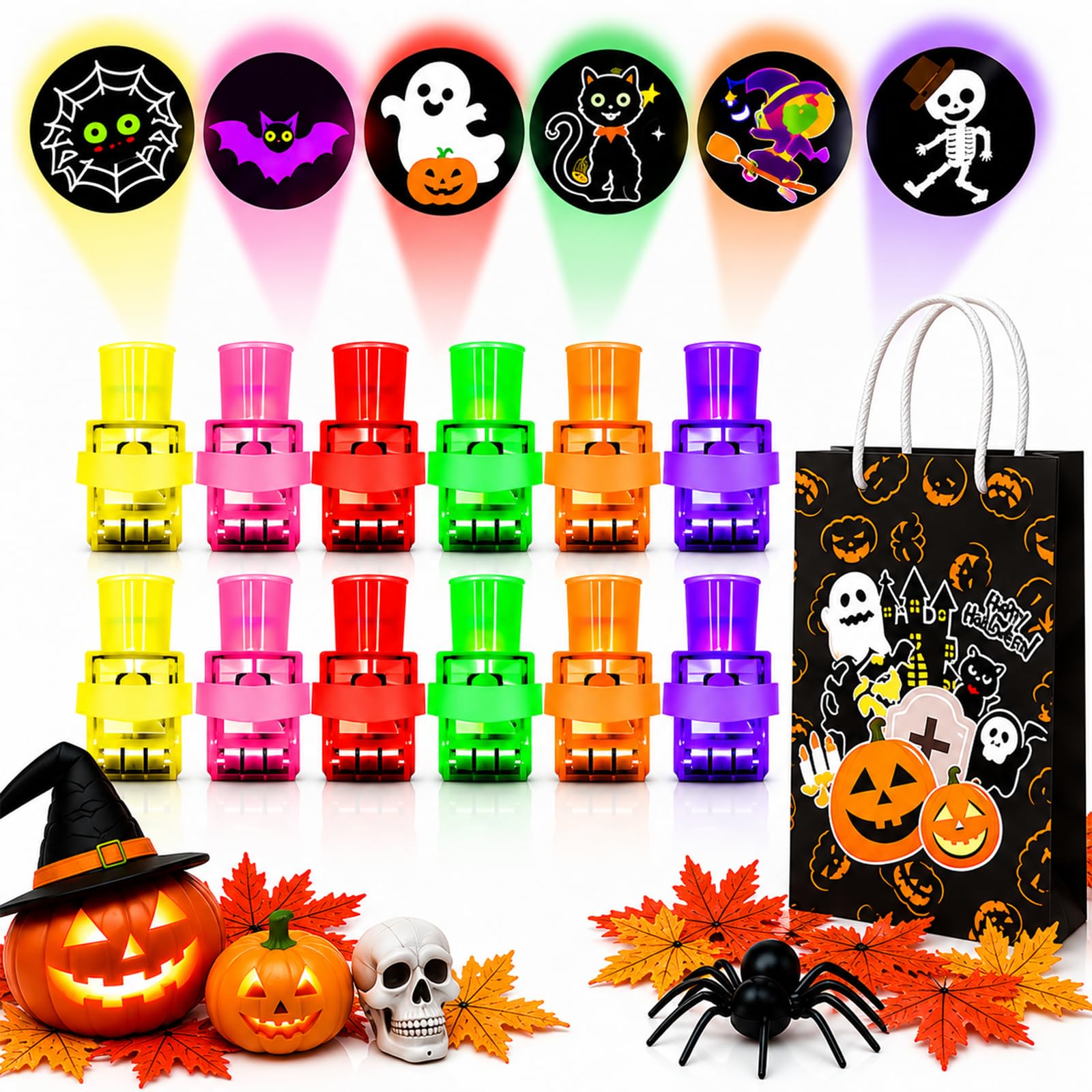 Halloween Finger Projector Lights Gift Set, 36 Pcs LED Finger Lights with Halloween Patterns & Premium Gift Bag, Halloween Gifts for Kids, Party Bag Fillers & Trick or Treat Favourites (Model A,12pcs)