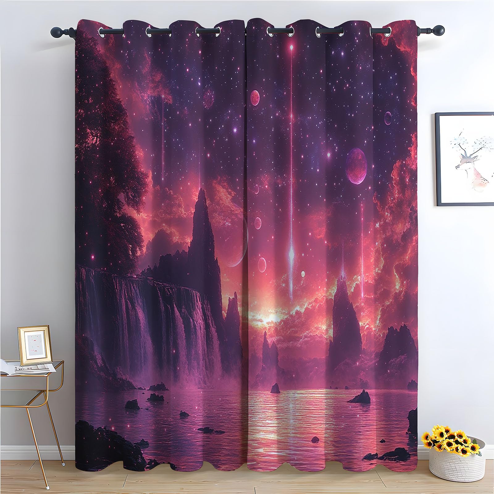 TERUEA Floral Curtains pink starry sky shooting star mountain Thermal Insulated Blackout Curtains Botanical Flower Print Pattern Window Drapes for Bedroom Living Room-63 W x 90" L (Pack of 2)