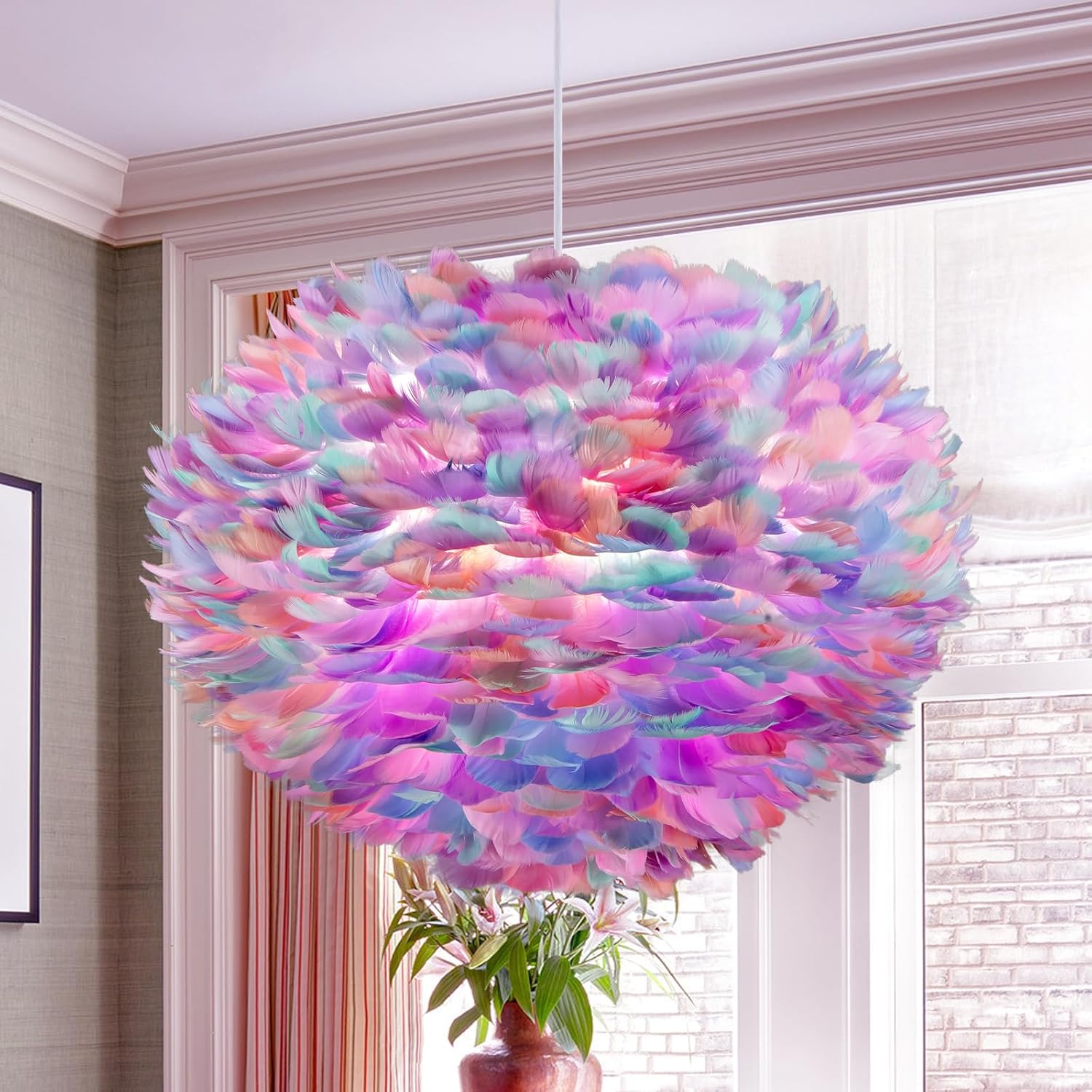 NZV Colorful Feather Chandeliers for Girls Room 15.8in Beautiful Feathers Chandelier Girls Bedroom Pendant Light Fixture Color Hanging Ceiling Lighting for Dining Room Kitchen Island Foyer Entryway