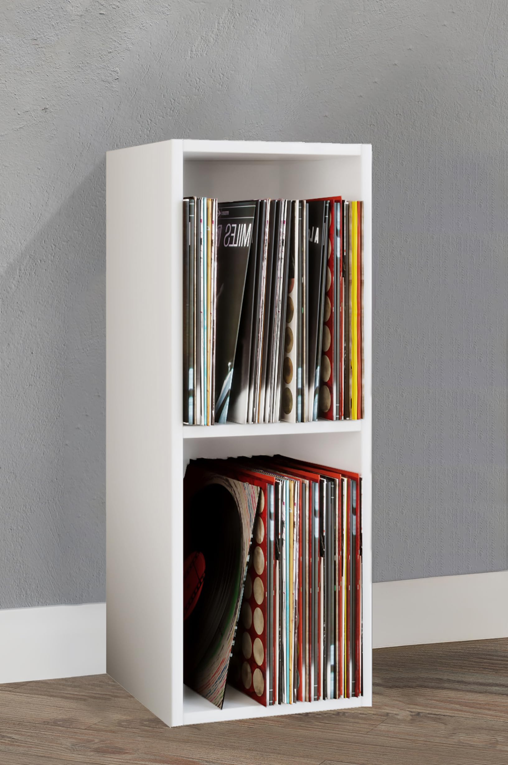 VCM Holz Stand Regal | Regal mit 2 großen Fächer | Maße: H. 72 x B. 34 x T. 30 cm | Platz für 65 Schallplatten | 1 Fester Fachboden - Platto