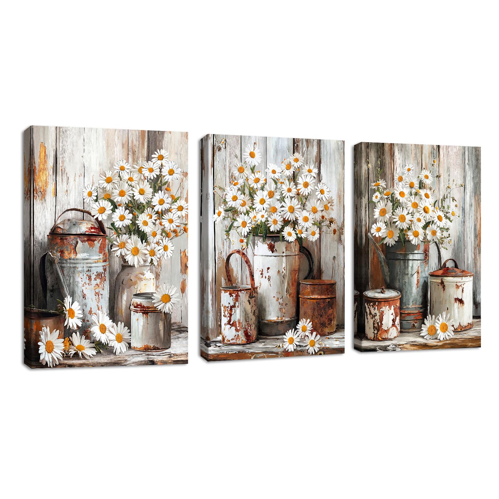 3 Pcs Rustikales Gänseblümchen Leinwandbilder Bilder Set mit Rahmen, Weinlese Bauernhaus Weiß Floral Wandbilder Schlafzimmer Bild Auf Leinwand Kunstdruck Deko für Wohnzimmer zum Aufhängen 40x60cmx3