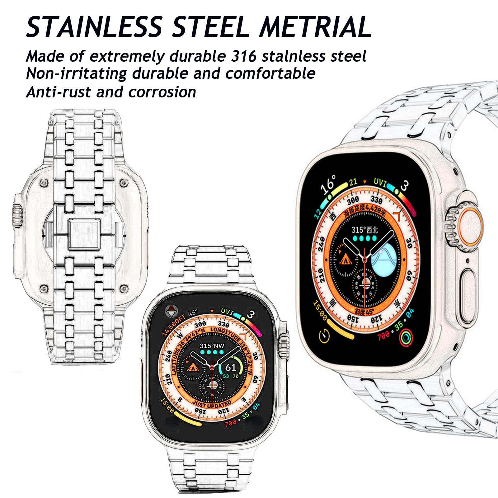 Pasek kompatybilny z Apple Watch 49 mm, 45 mm, 44 mm, 42 mm, 41 mm, 40 mm, 38 mm, ulepszony, metalowy składany pasek ze stali nierdzewnej do iWatch Ultra 1, 2, serii 9, 8, 7, 6, SE, 5, 4, 3,
