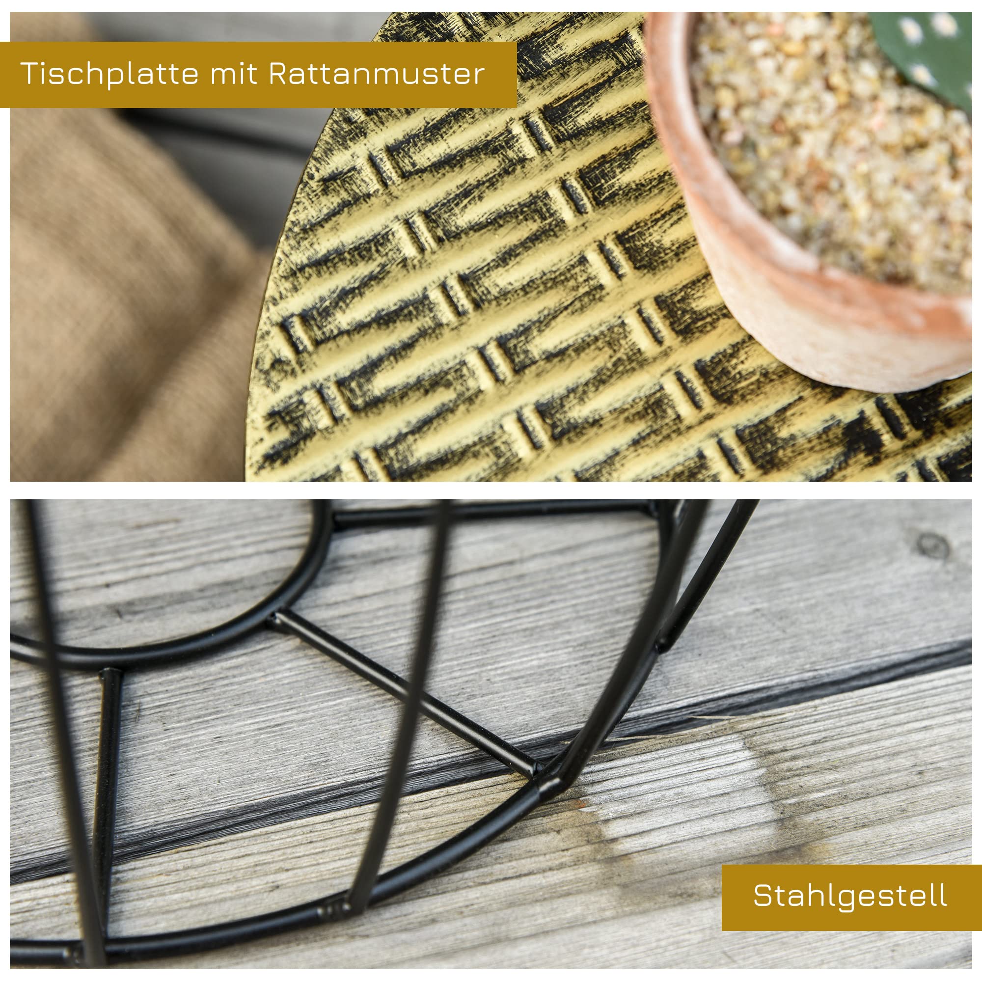 Outsunny Couchtische Beistelltisch Outdoor 3er-Set Metall Natur+Schwarz