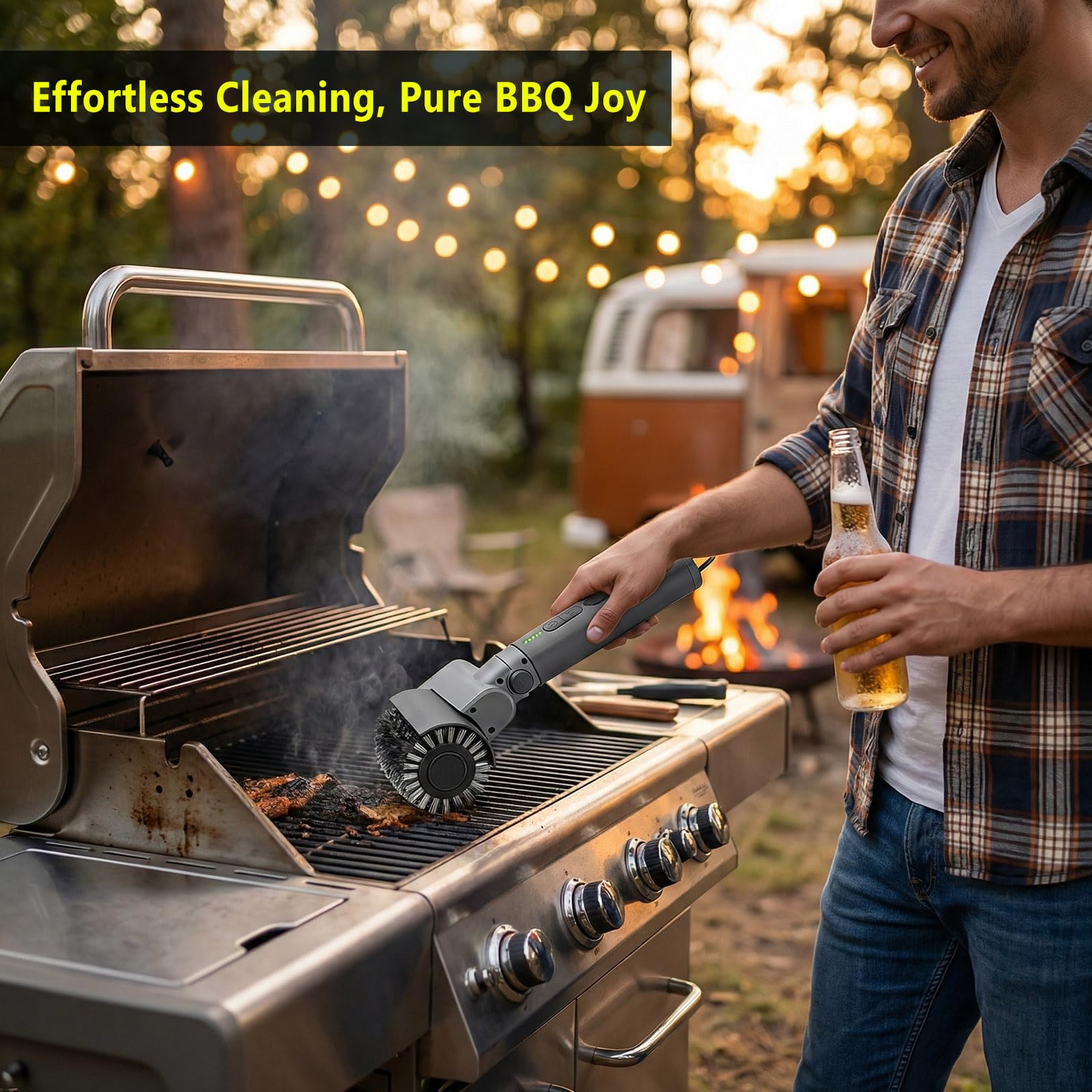 Kit de Cepillo Eléctrico para Barbacoa 3 en 1 – Limpiador de Parrilla Inalámbrico con Cabezales de Metal Reforzados – 2 Horas de Batería, Impermeable y Apto para Lavavajillas – Color Gris Claro