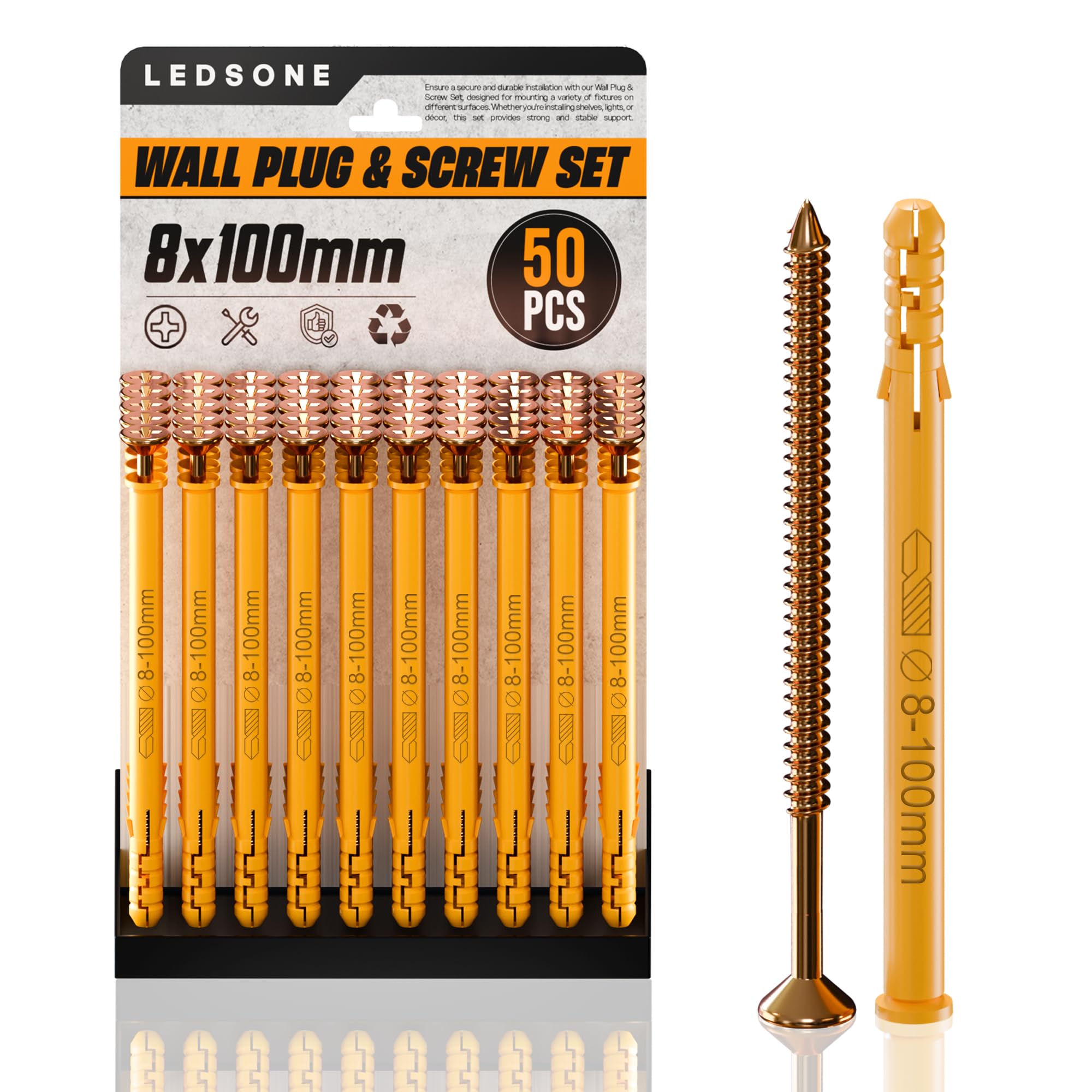 LEDSone 50 Pcs Screws and Wall Plugs Set(50 x Masonry Screws, 50 x Expansion Anchor Bolts), 8mm x100mmWall Plugs and Screw, for Brick Concrete Drywall Self Tapping