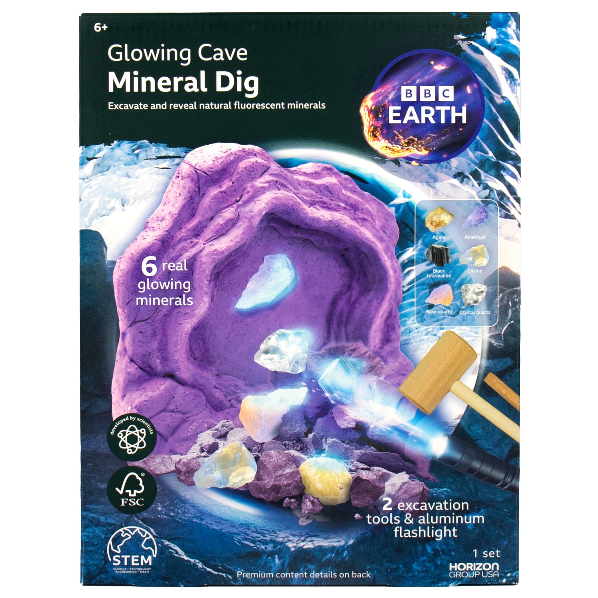 BBC Earth Glowing Cave Mineral Dig, Dig Up 6 Real Gems & Make Gemstone Keychains, Rock Digging Excavation Kit, Hands-On STEM Kit, Science Toys, Gemstones for Kids, Great 6 Year Old Boy Birthday Gift
