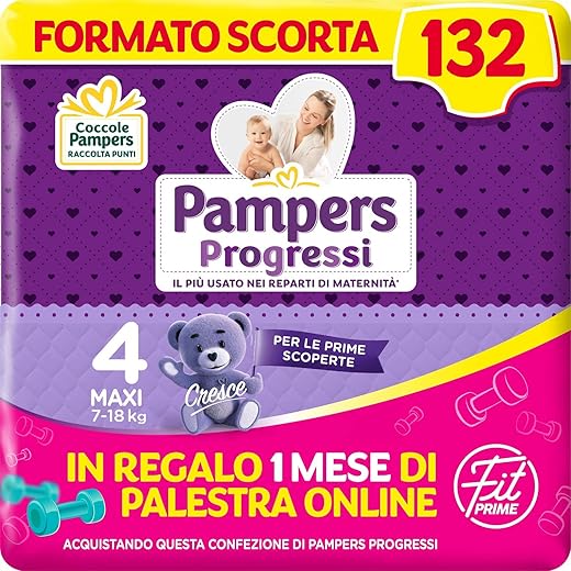 Pampers Progressi & Fit Prime Maxi, Formato Scorta, 132 Pannolini, Taglia 4, 7-18 Kg, 1 mese di palestra online in omaggio