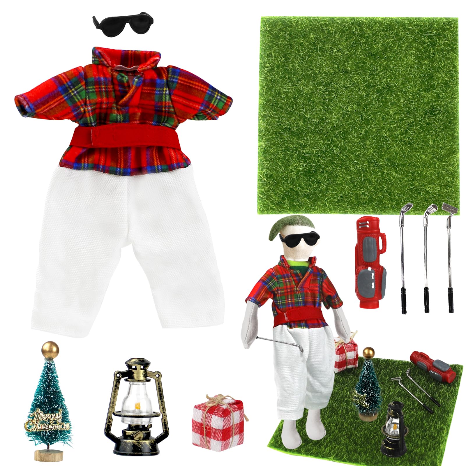 10Pcs Christmas Elf Doll Accessories Set, Christmas Elf Doll Golf Sports Outfit Clothing Golf Clubs Sunglasses Lawn Tree Oil Lamp Present Box, Miniature Props for Kids, Xmas Elf Accessories Gifts