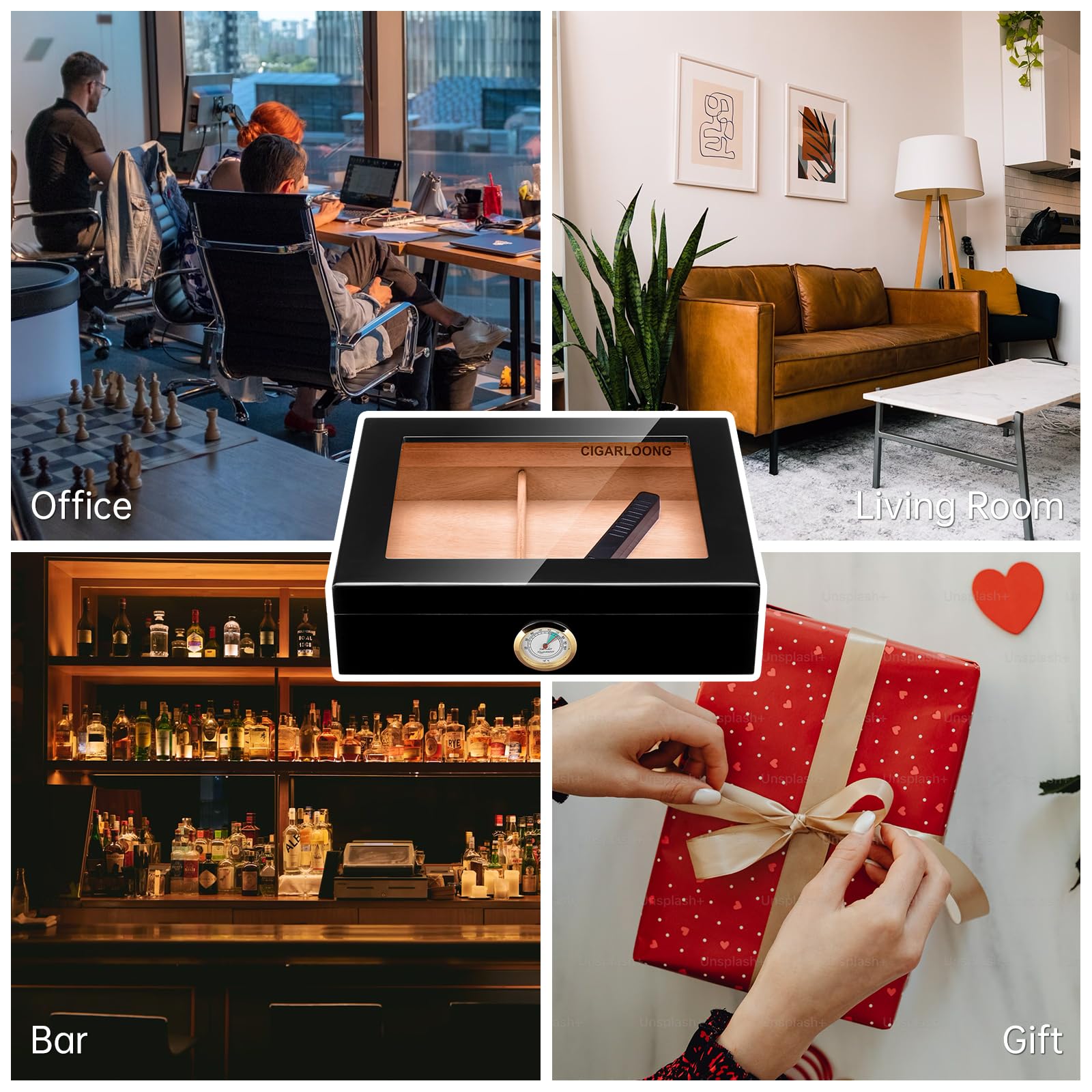 Zigarren Humidore Spanisches Zedernholz, Eleganter Humidor mit Hygrometer und Befeuchter & Zigarrenschneider Zedernholz Humidor Etui Zigarren-Desktop-Box Geschenke für Männer (Schwarz)