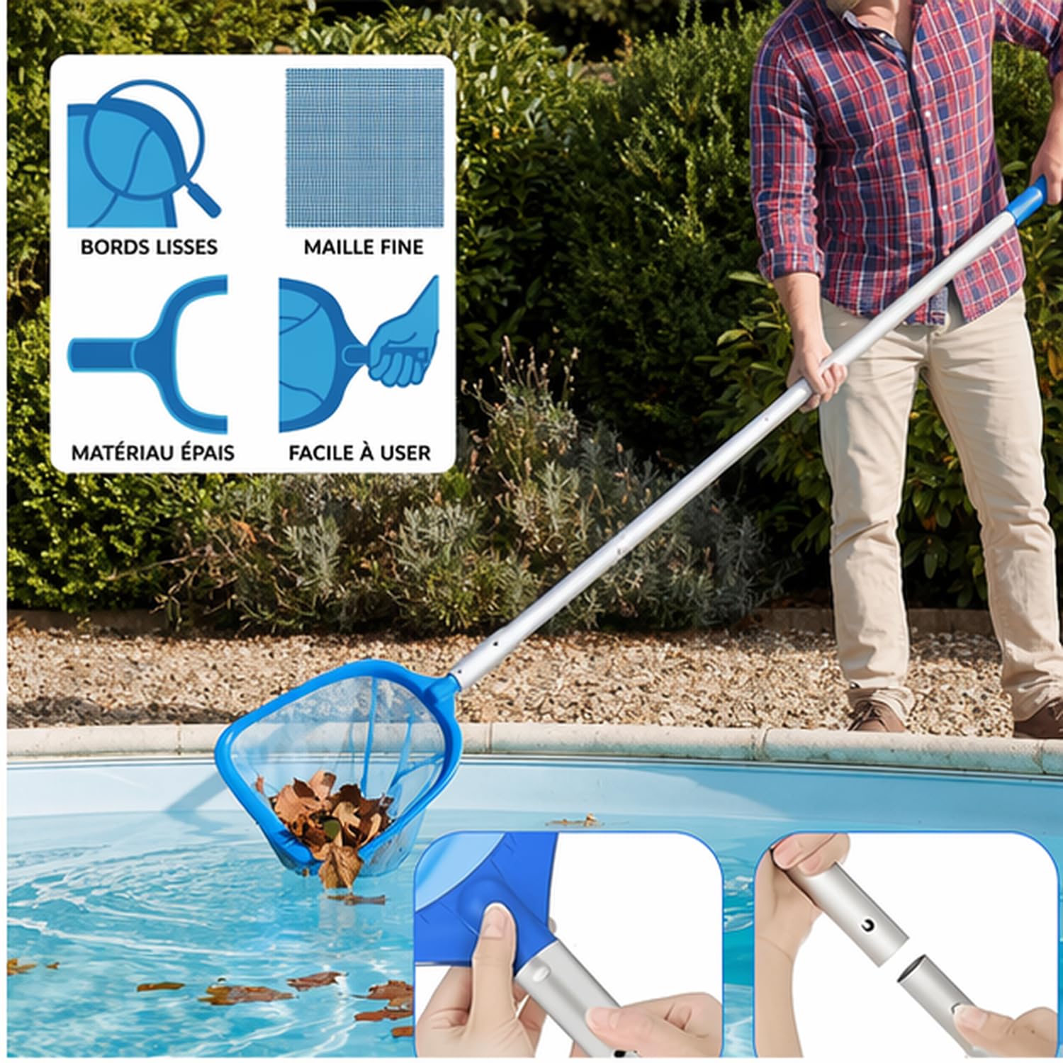 Kit Piscine Nettoyage Epuisette Piscine Maille Extra Fine avec 146cm Télescopique Réglable, Brosse de Piscine et Chiffons de Mettoyage pour étangs, Bains à remous, Pataugeoires