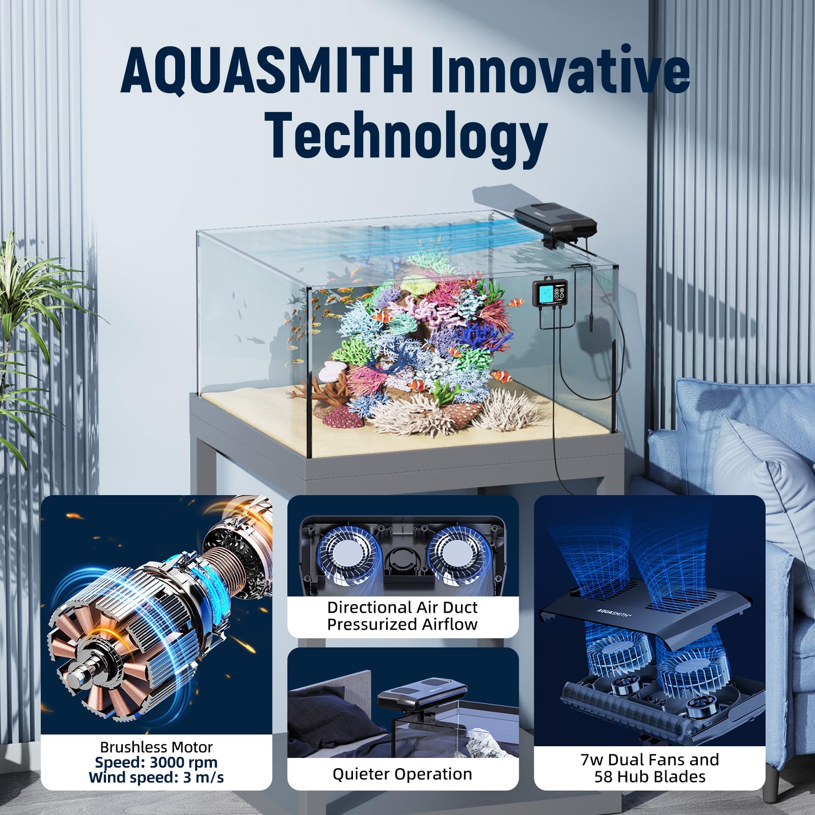 AQUASMITH Aquarium-Kühlventilator, Aquarium-Kühler mit Temperaturregelung, minimale Einstellung 15 °C, automatischer Start/Stopp, Kühlungseffekt -14,8-12,8 °C, 3 Geschwindigkeitsmodi, für Axolotl