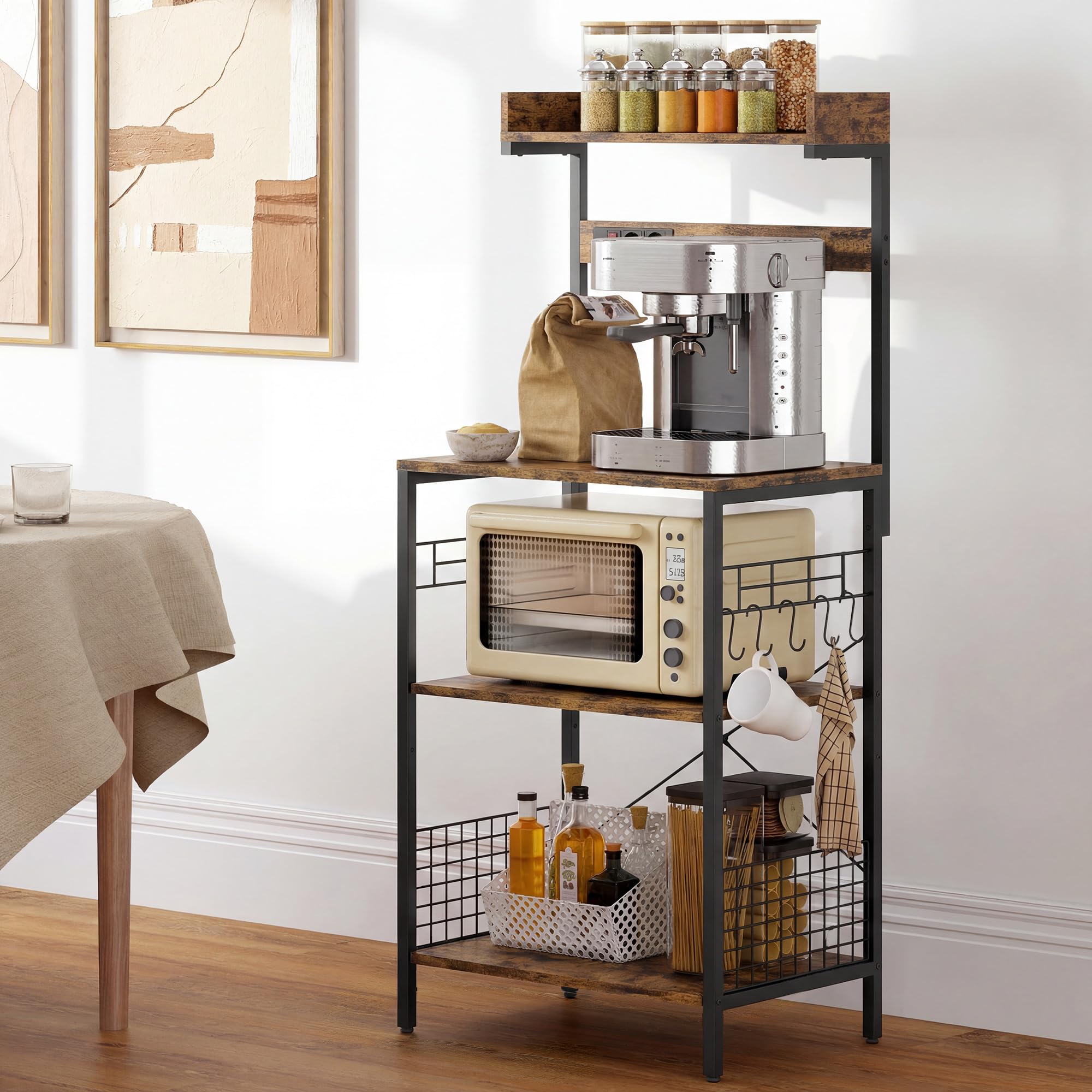 HOMCOM Estantería de Cocina con 2 Tomacorrientes, Estantería de Panadería Industrial con Estación de Café, Estante para Microondas, Estante Ajustable, Ganchos, 60x42x137 cm, Marrón Rústico y Negro