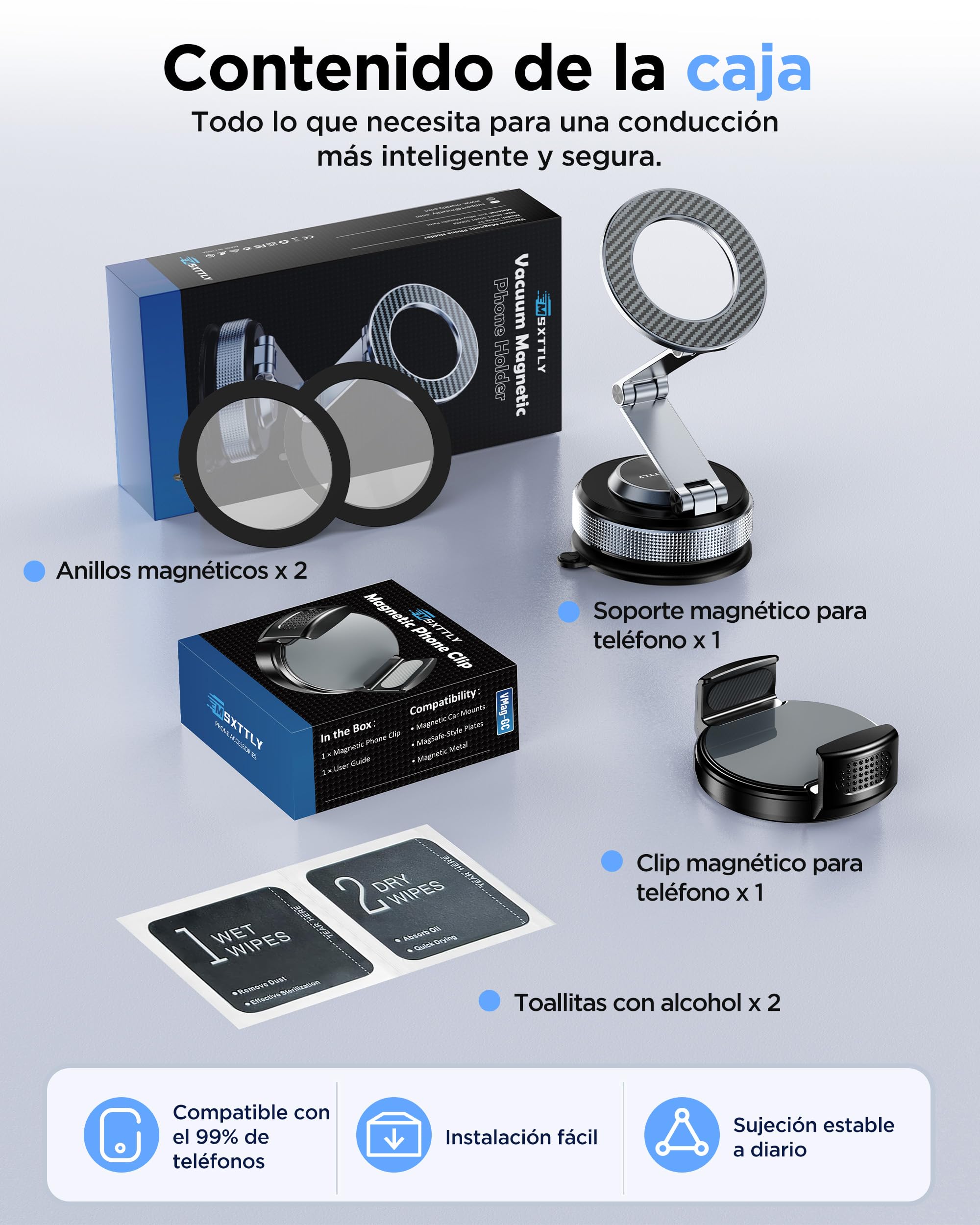 MSXTTLY Soporte Magnético para Coche con Clip Adaptador, Vmag-S3 Brazo Largo + Clip, Sin MagSafe, Sin Anillo, Posición Flexible, para iPhone y Android