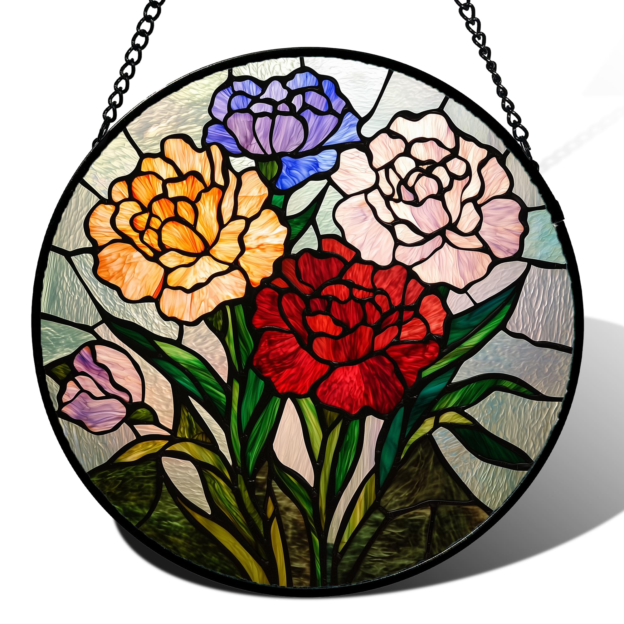 AMDERVEN Stained Glass Window Hanging, Colorful Carnation Sun Catcher for Door Home Decor Flower Suncatcher Christmas Mother's Day Birthday Gifts for