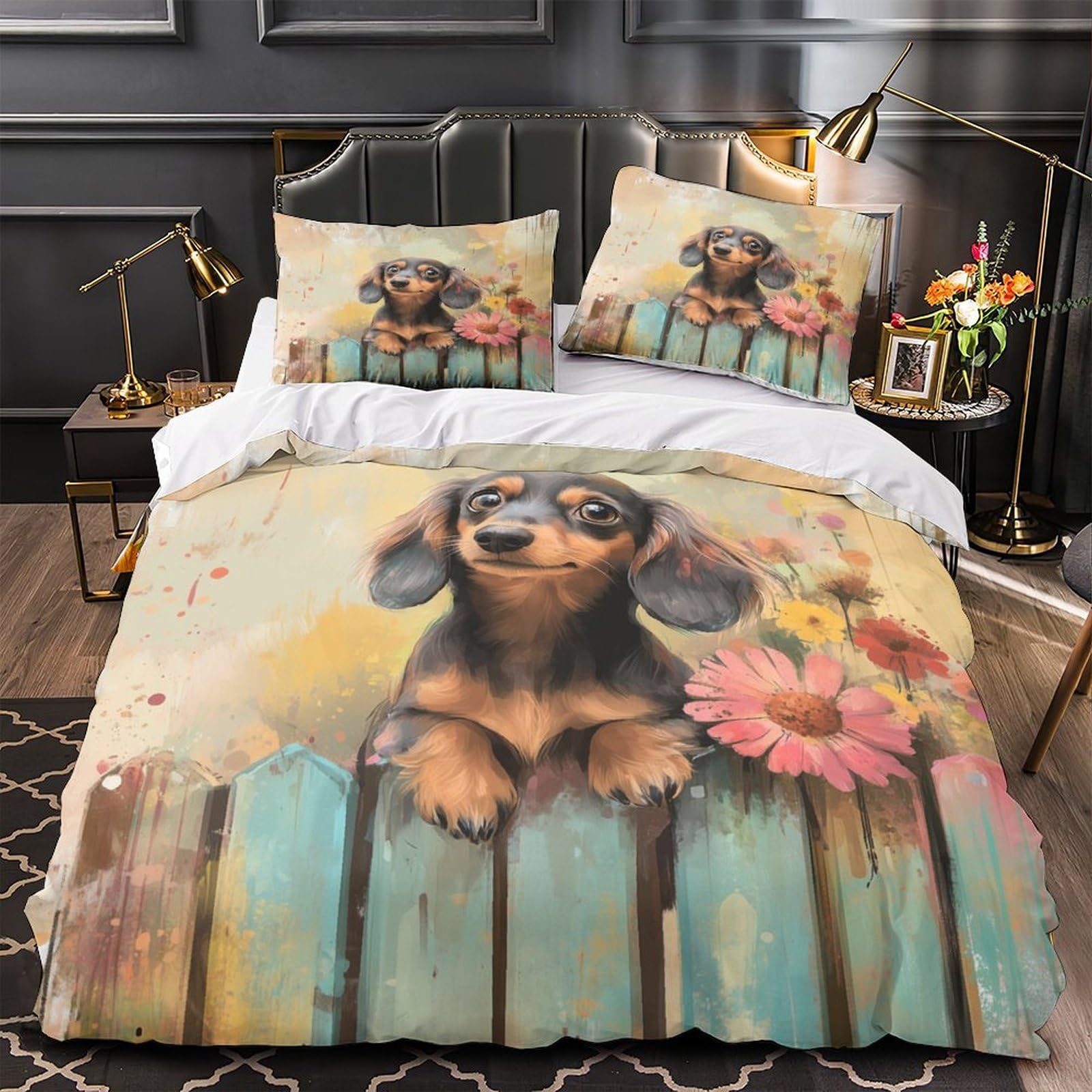 Housse de couette teckel anti-allergie, parure de lit microfibre douce fermeture éclair