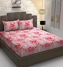 DECOREZA 320 TC Cotton Feel Elastic Fitted King Size Bedsheet 72x78 +10 Inch with 2 Pillow Covers | Glace Cotton | Wrinkle-Free | Bedsheet for Double Bed - (Scarlet Bloom, King Size 72" x 78")