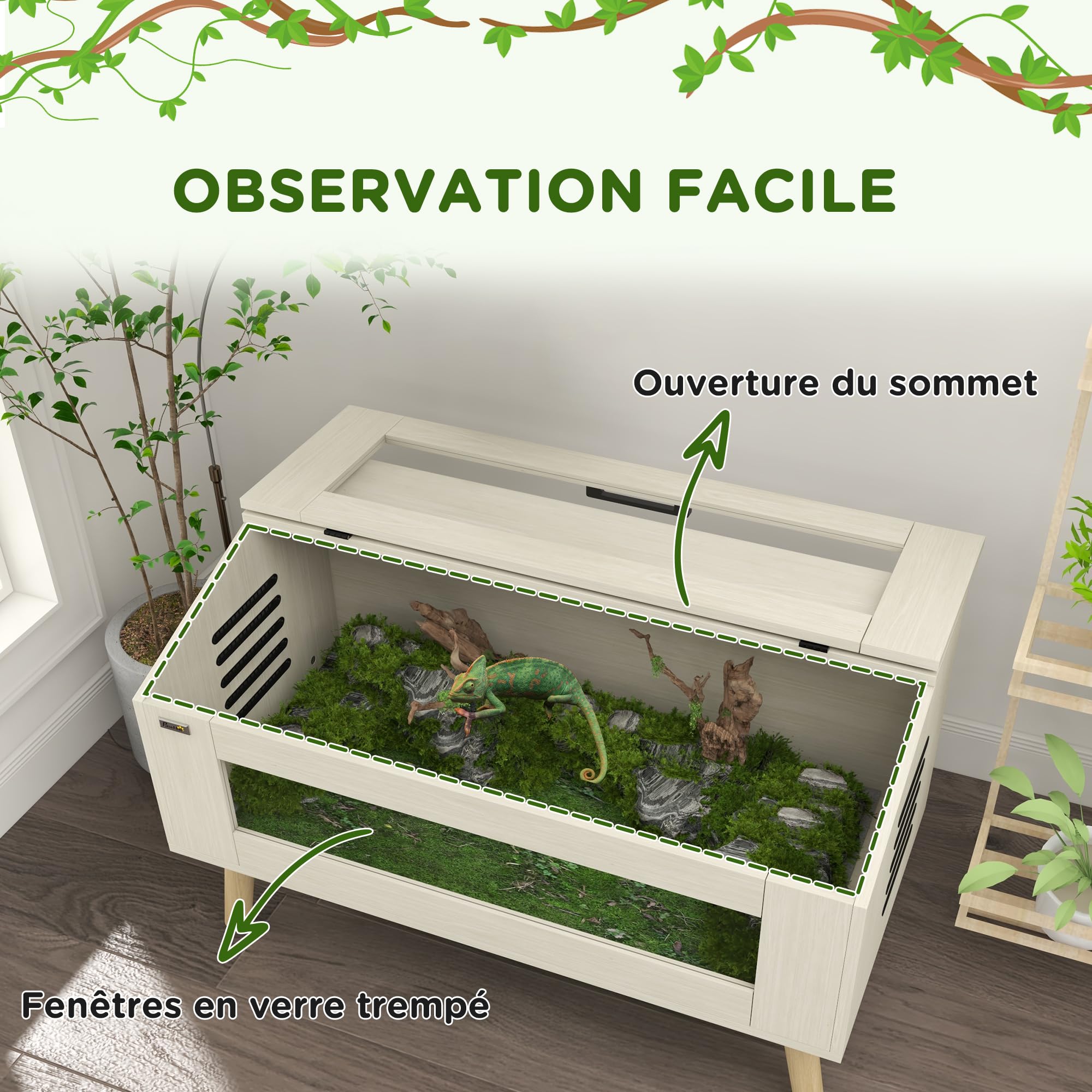 PawHut Terrarium para reptiles con ventilación lateral, Vivarium para serpientes 140L con ventanas de vidrio templado, tapa, 100x50x60 cm, madera natural