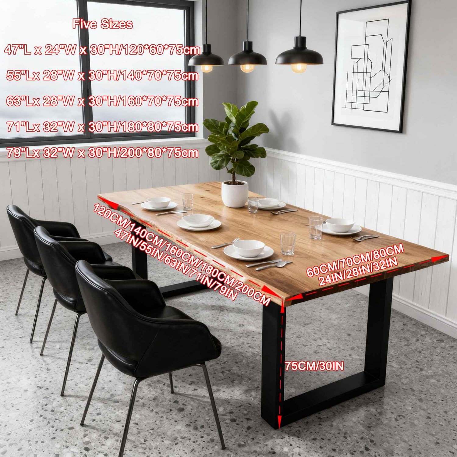 Live Edge Dining Table, Solid Wood Rectangle Table Top with Metal Base, Handmade Wood Slab Industrial Dining Table for Kitchen & Dining Room, Seats 2–8 (63" Lx 28" W x 30" H/160 * 70 * 75cm)