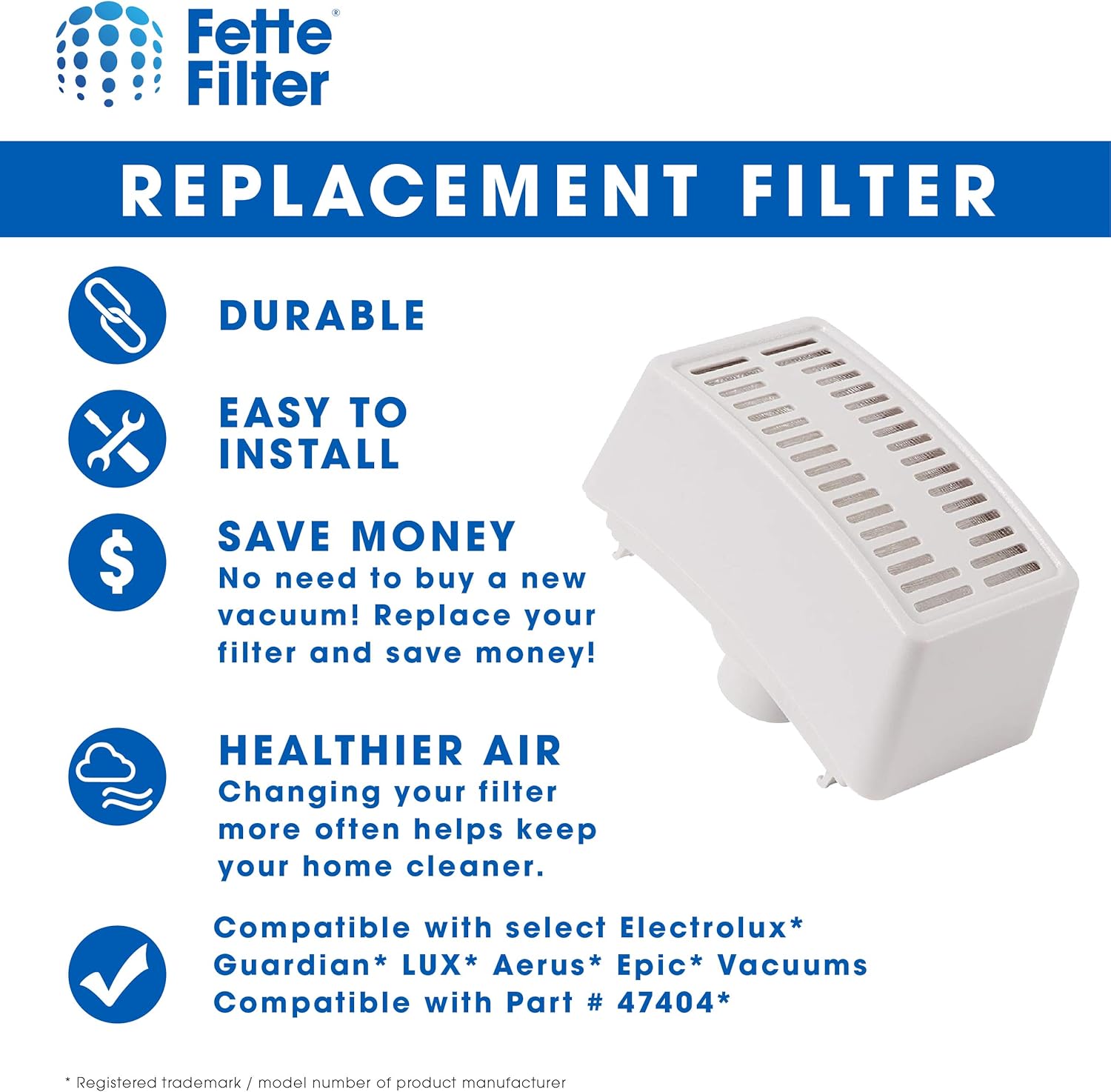 Diagram showing benefits of Fette Filter replacement filter