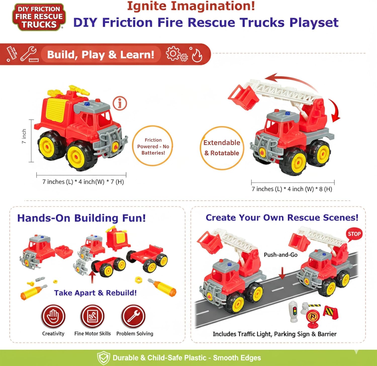 Friction Powered Fire Rescue Truck Playset, 2 Pack DIY Take Apart Toy Trucks with Moving Ladder and Screwdriver for Kids