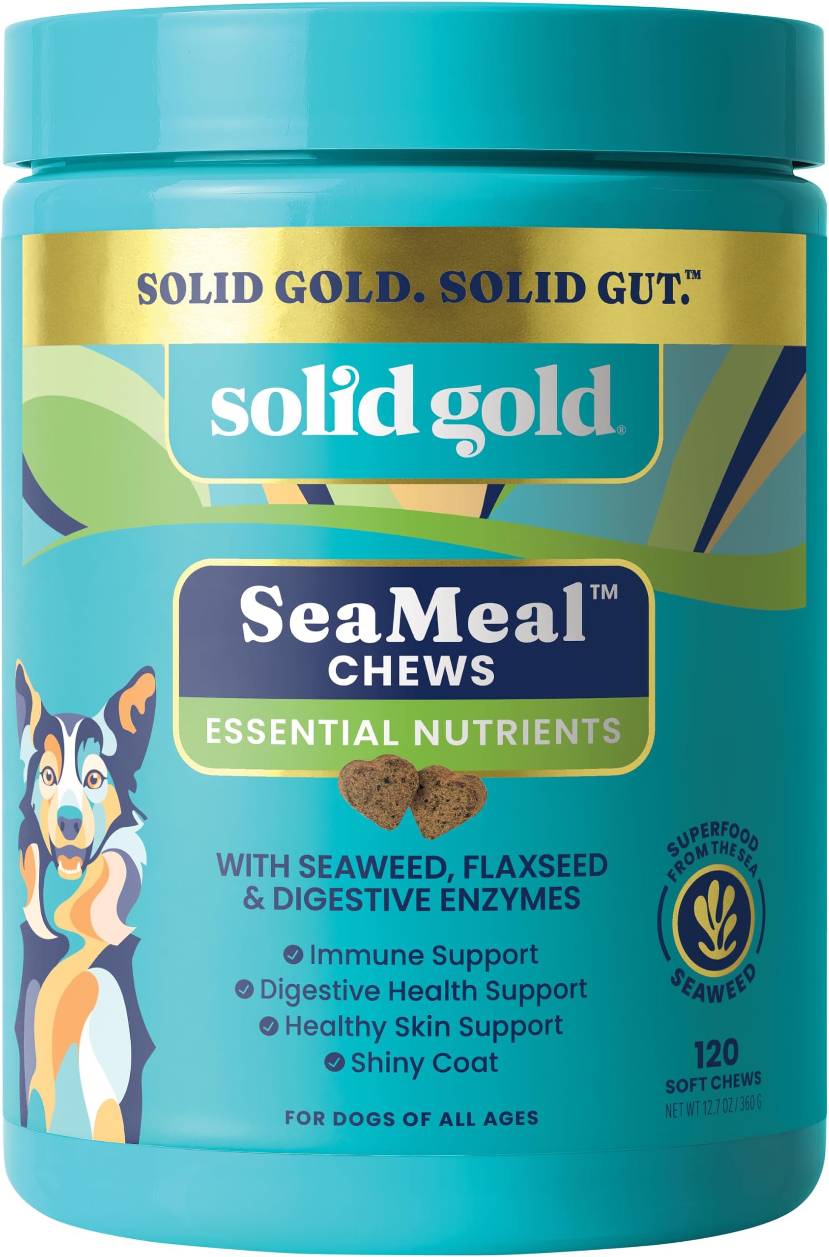 Solid Gold Cat & Dog Multivitamin Chews - Kelp, Omega 3 & Vitamins for Dental, Digestive, Immune, Skin & Coat Health - Multi Vitamin for Dogs & Cats - Sea Kelp Based Soft Chew for All Ages - 120ct