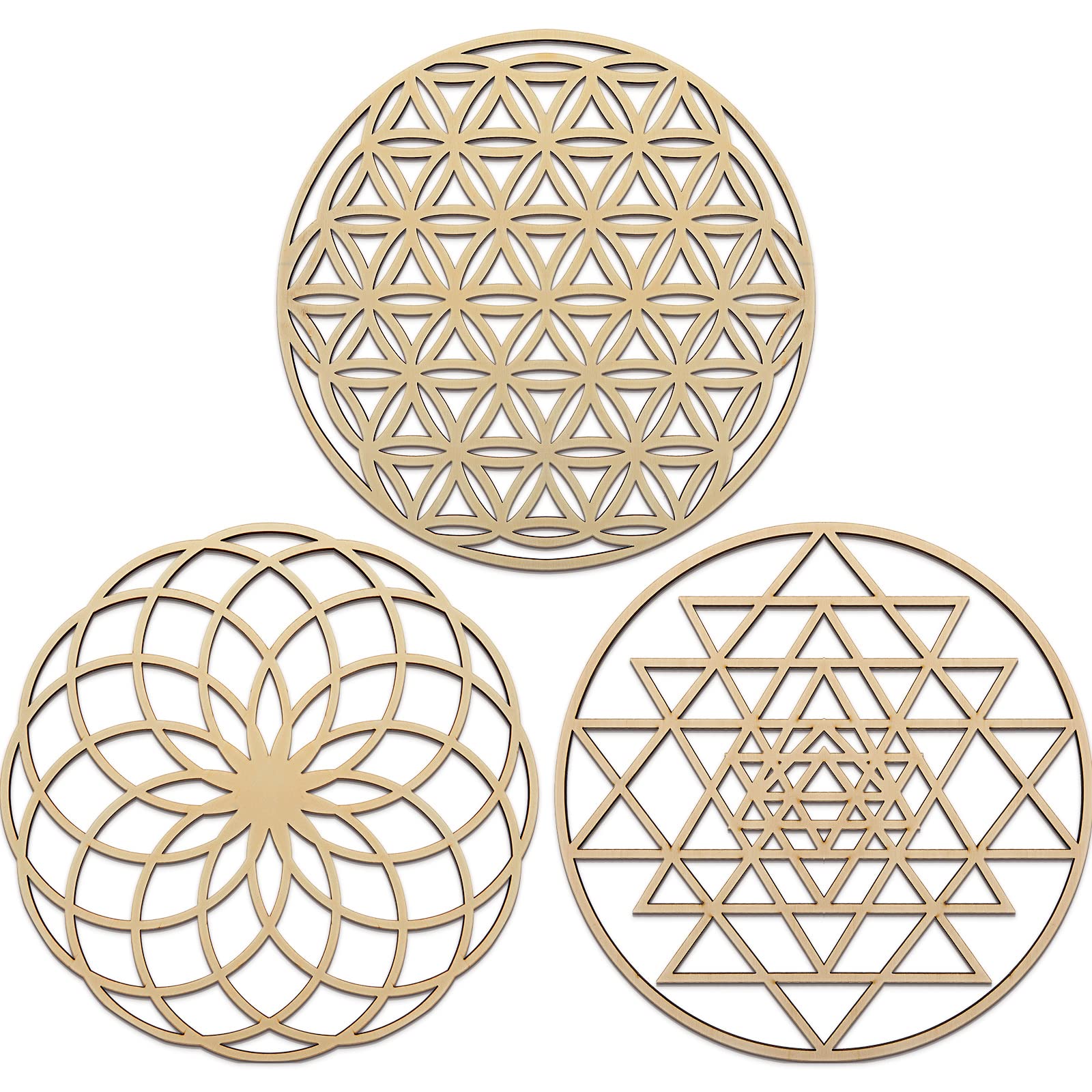 3 Pcs 15 Inch Sacred Geometry Wall Art Set Flower of Life Wall Hanging Sacred Geometry Decor Sri Yantra Wooden Wall Sculptures Crystal Grid Board for Zen Home Yoga Meditation Bedroom Living Room