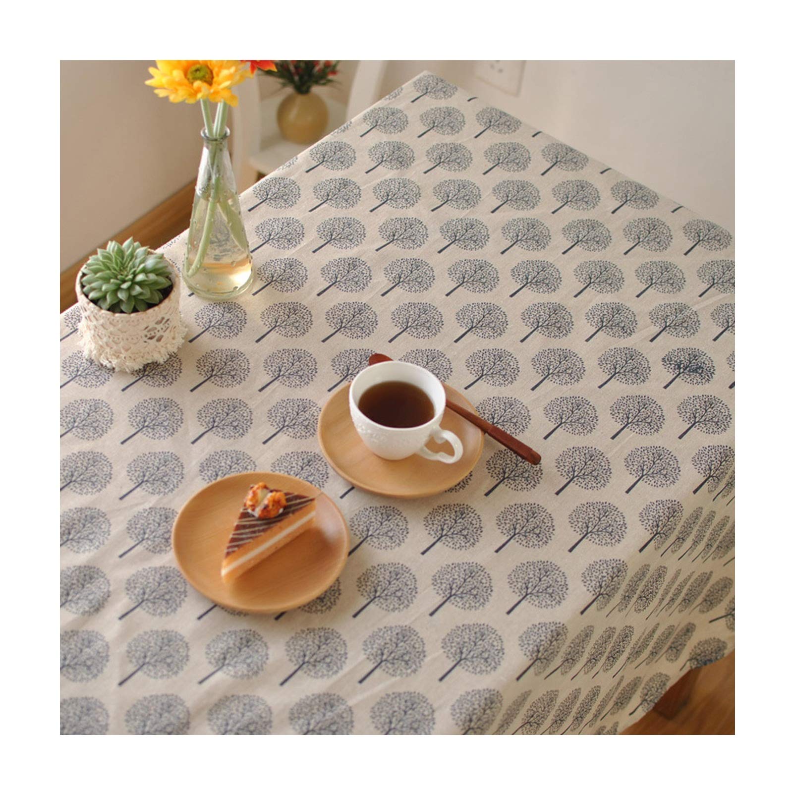 Nappe coton 140x300cm arbres mignons au tissage raffiné beige bleu pour salle à manger