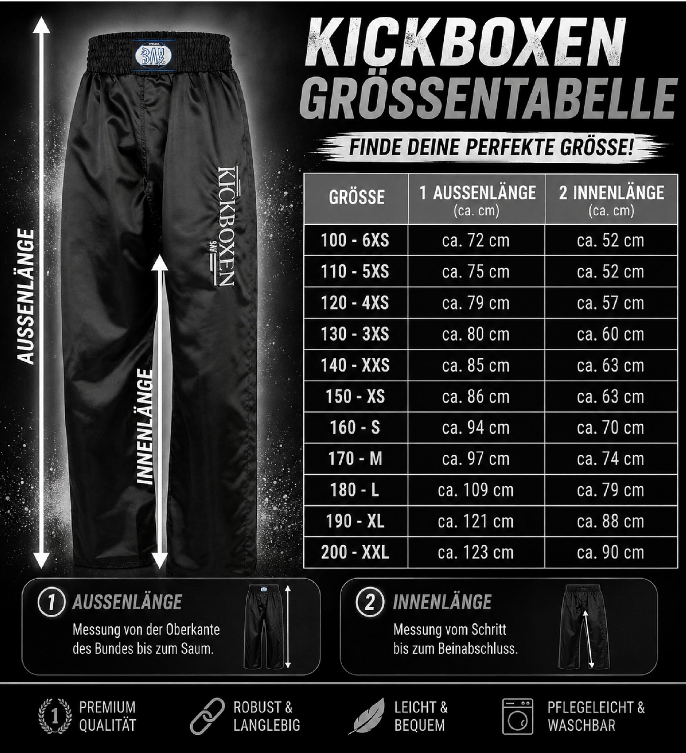 BAY Edel Stick Kickboxhose Kampfsporthose Schwarz lang Polyester gestickter Schriftzug Kickboxen Größen 6XS - XXL