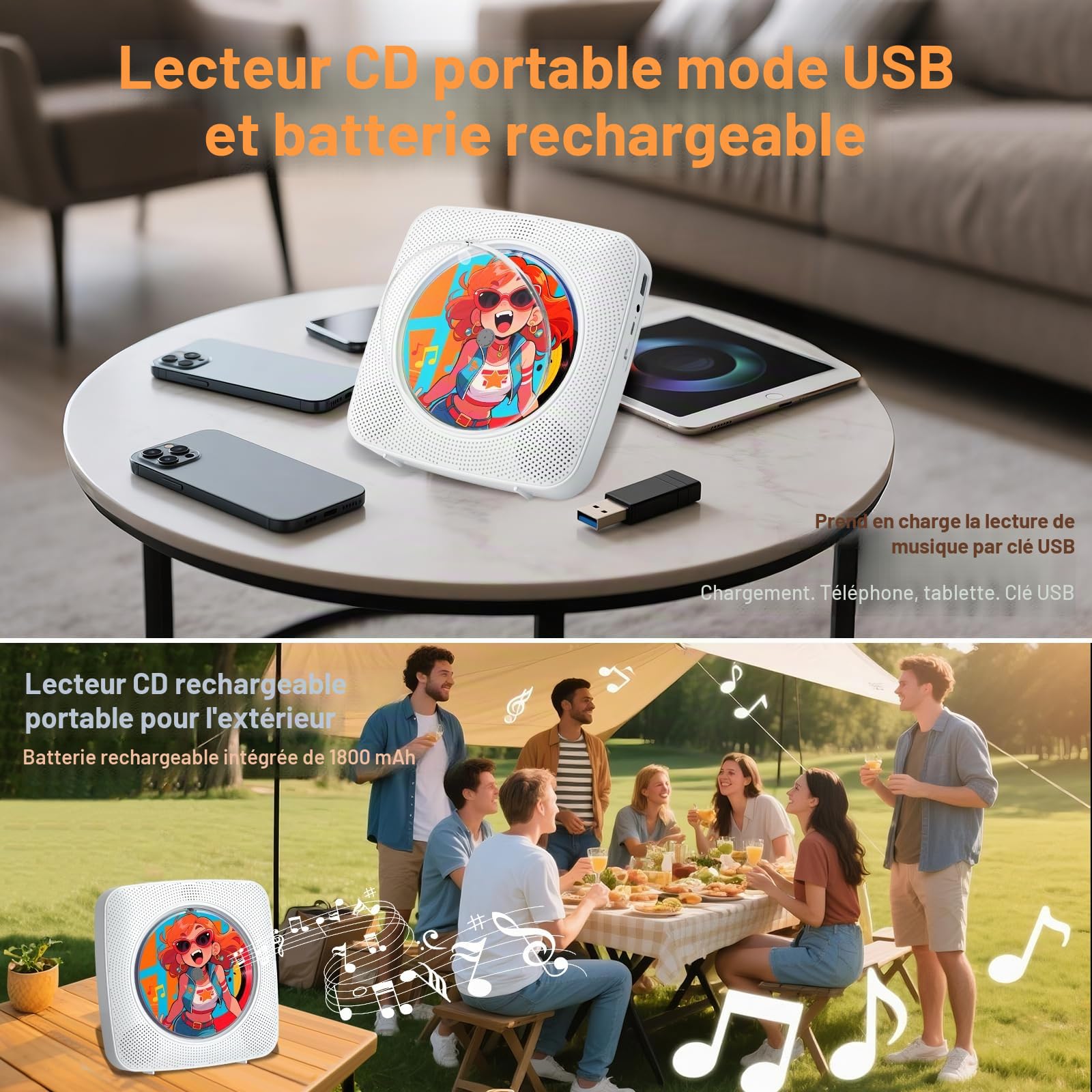 Gueray Lecteur CD Portable Enfant : Lecteurs CD Bluetooth pour la Maison avec Haut-parleurs Batterie 1800 mAh Télécommande Couvercle Anti-poussière Amovible Lecteur CD Mural avec Radio USB AUX Blanc