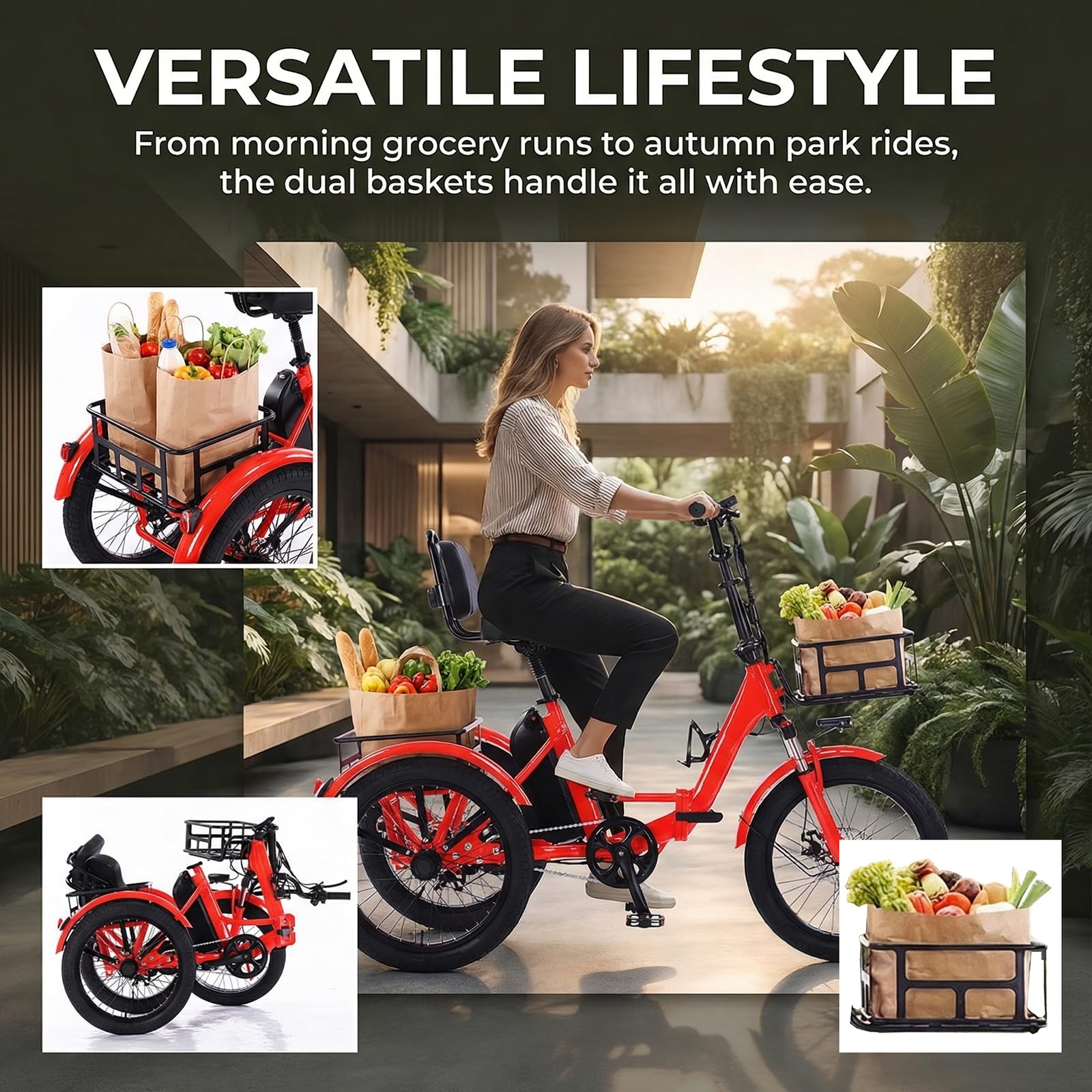 Tricycle électrique pliable pour adulte - 50,8 cm - Batterie 48 V 13 Ah - Portée de 45 km - Capacité de charge de 200 kg - Double frein - Écran LCD - Panier de grande capacité - Rouge