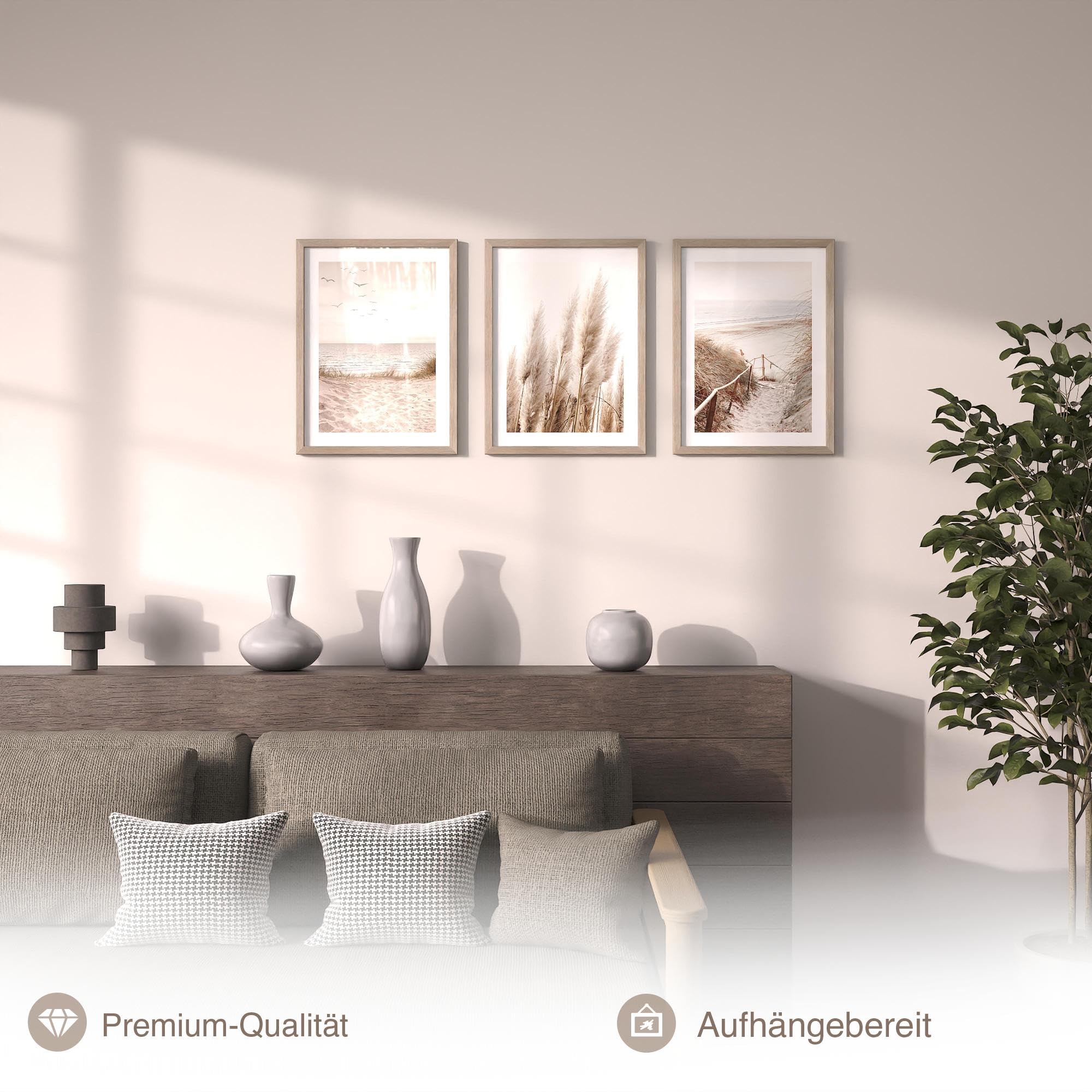 Novart Wandbilder Boho - mit Rahmen - Wohnzimmer Schlafzimmer Wanddeko - 3 Bilder Set Beige - N103935aR1