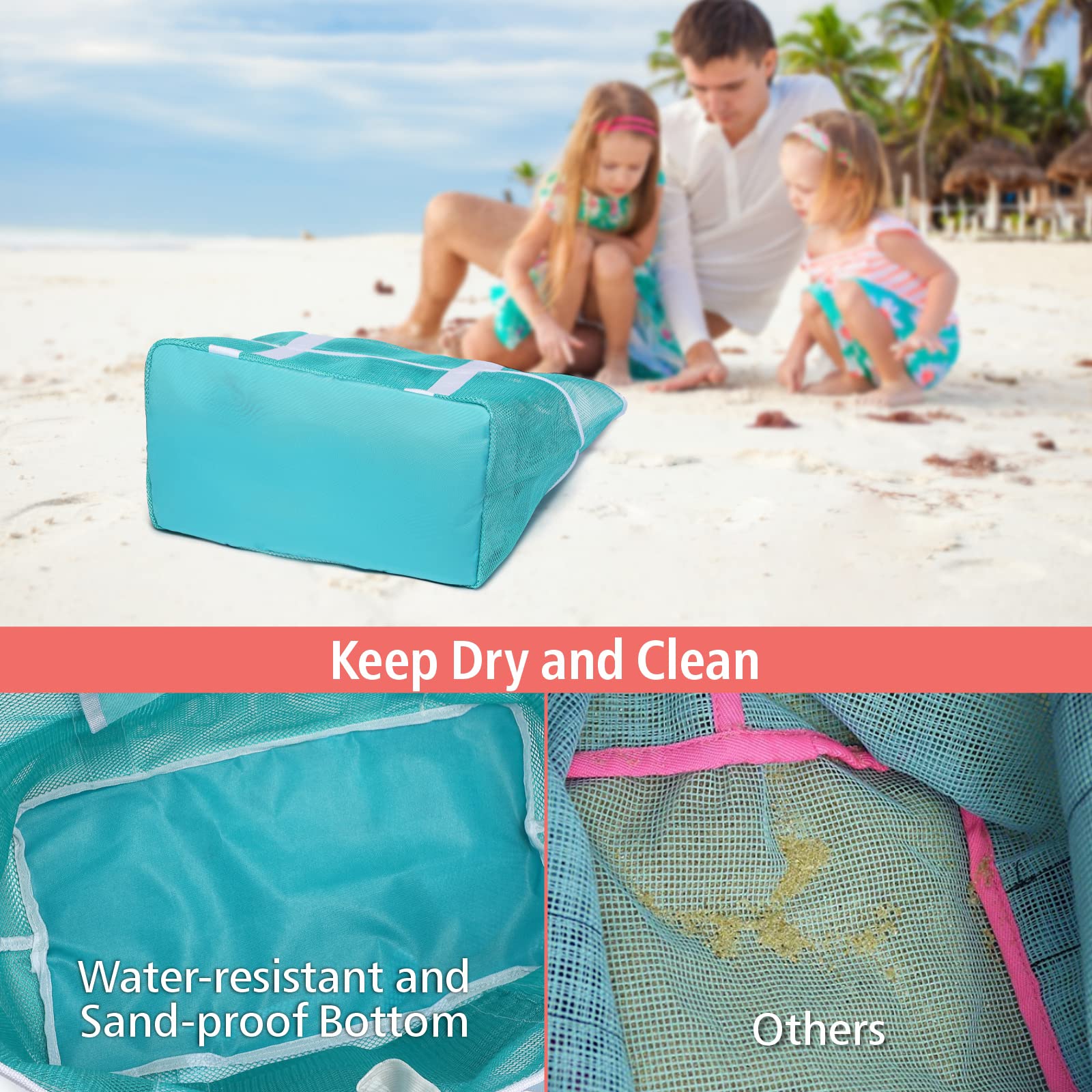 F-color Netz-Strandtasche Familie – große Tragetasche mit 9 Taschen für Schwimmbad, Spielzeug, Kreuzfahrt, Strand, Urlaub, Essentials, Minzgrüner Basisgriff, X-Large with Water-resistant Bottom