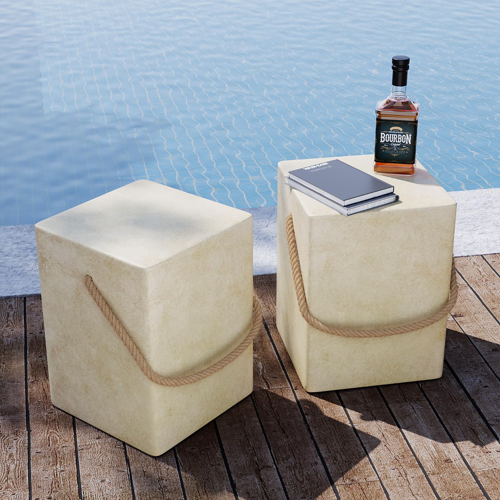 SUNBURY Outdoor Side Table Set of 2, 2 Pieces Concrete Side Table for Patio,18"H Small Outdoor Accent Table w Hemp Rope, Patio Side Table End Table
