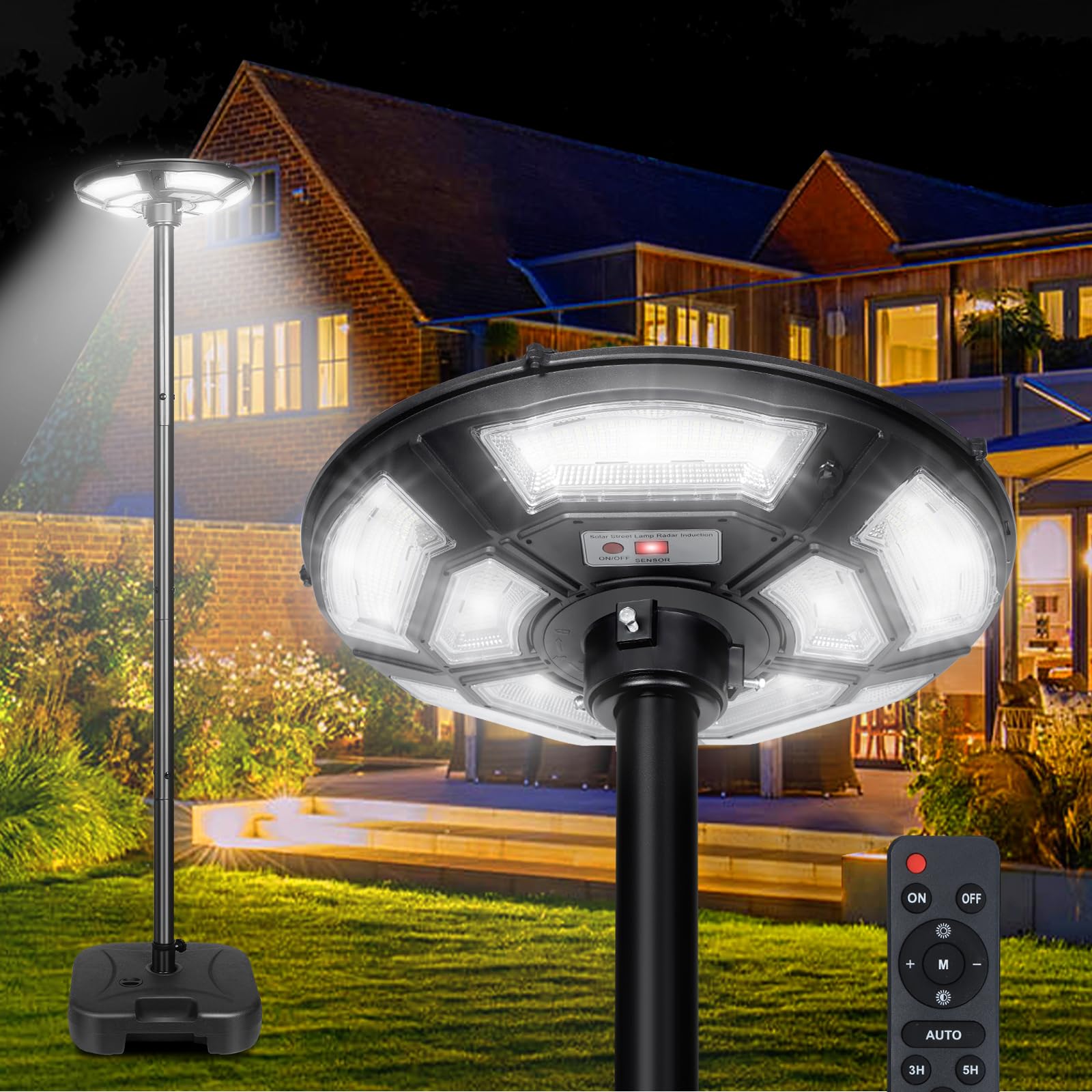 Solar Straßenlaterne mit H200cm Lichtmast, 750LEDs Solarstrahler mit Bewegungsmelder und Lichtsensor, Wasserbefüllbarer Fuß, 6500K, Timer, Garten Sicherheitleuchte Solarlampen für Außen Hof Garage