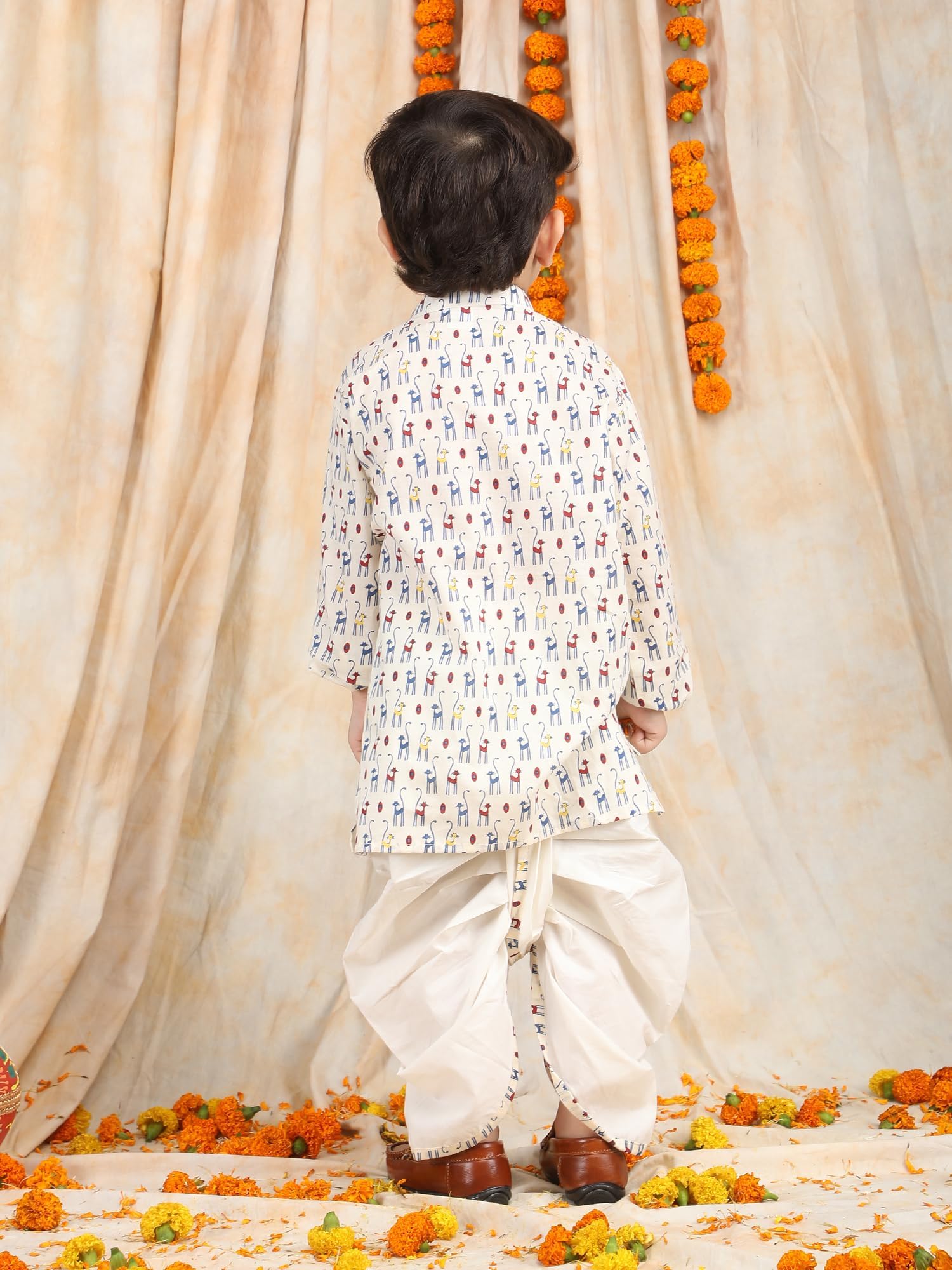 POLKA TOTS Premium Cotton Dhoti Kurta Set Boys Kids Ethnic Wear Dhoti Kurta Traditional Dress for Toddlers | Full Sleeve Angrakha Kurta set for Boys (Cat Print, 12-18 M) 1
